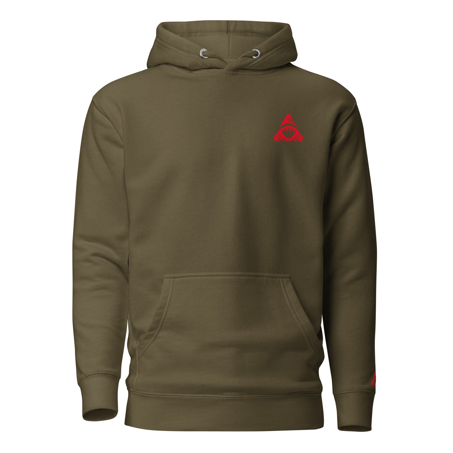 Green hoodie with a red logo on a white background