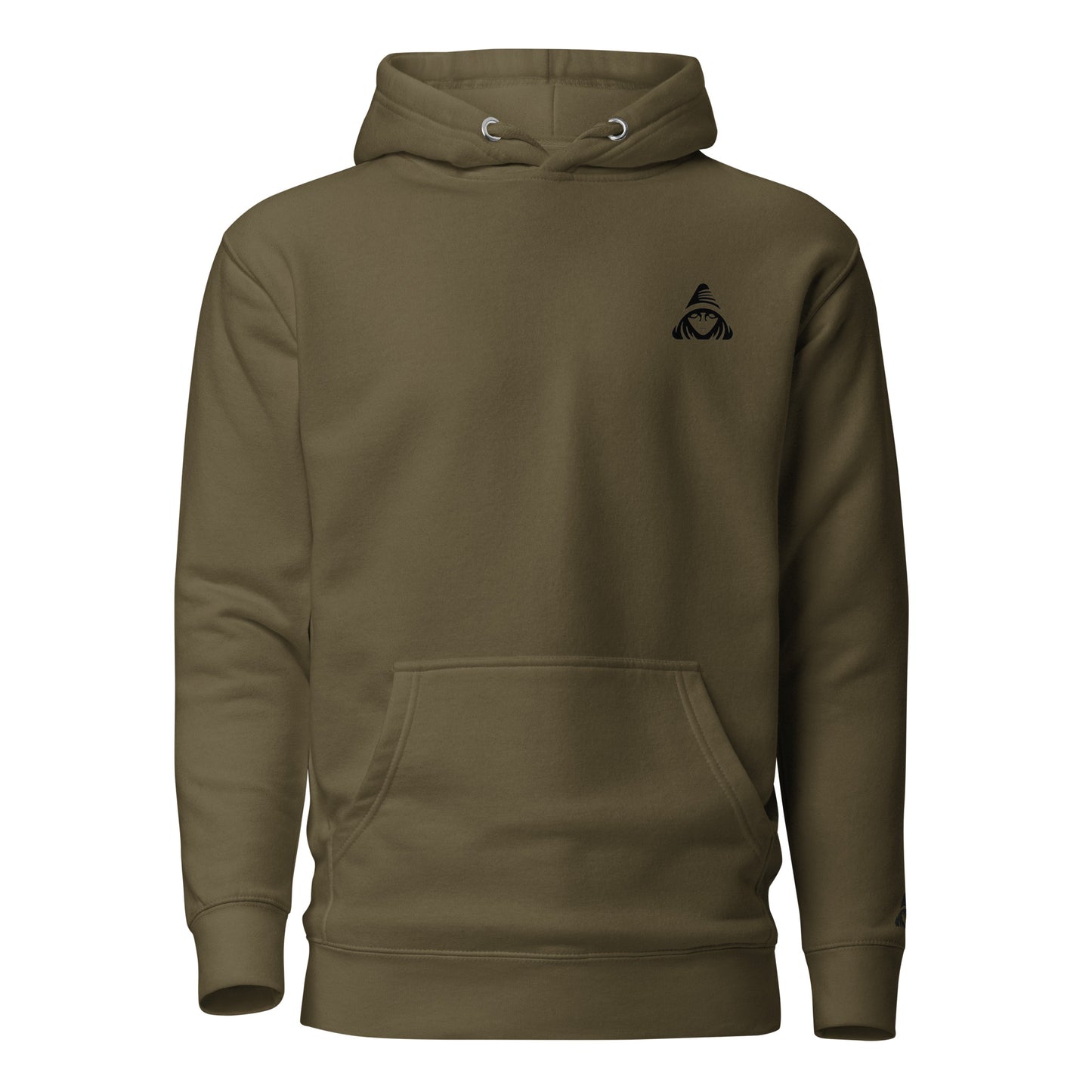 Olive green hoodie with a black logo on a white background