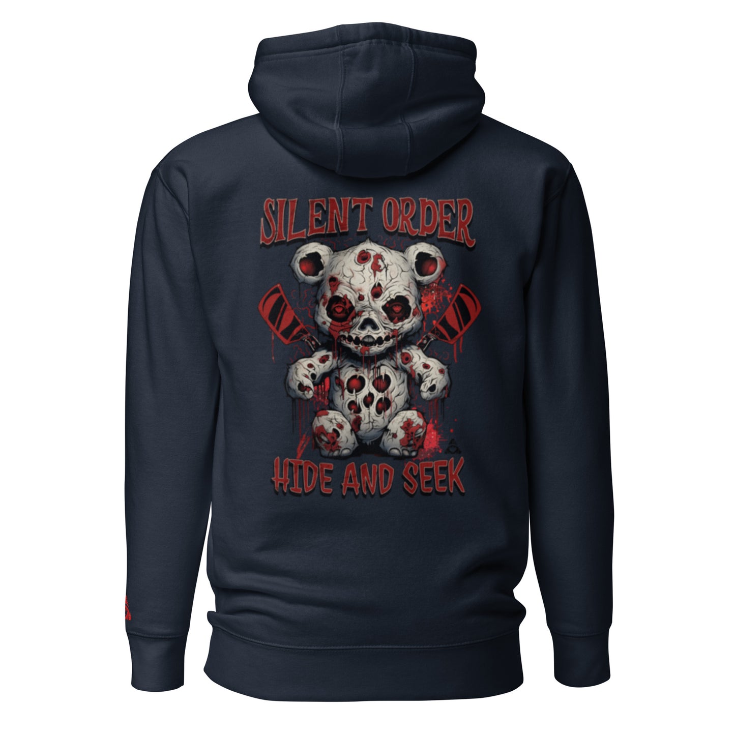 Black hoodie with a graphic design of a Bloody Teddy Bear and text on the back, on a white background.
