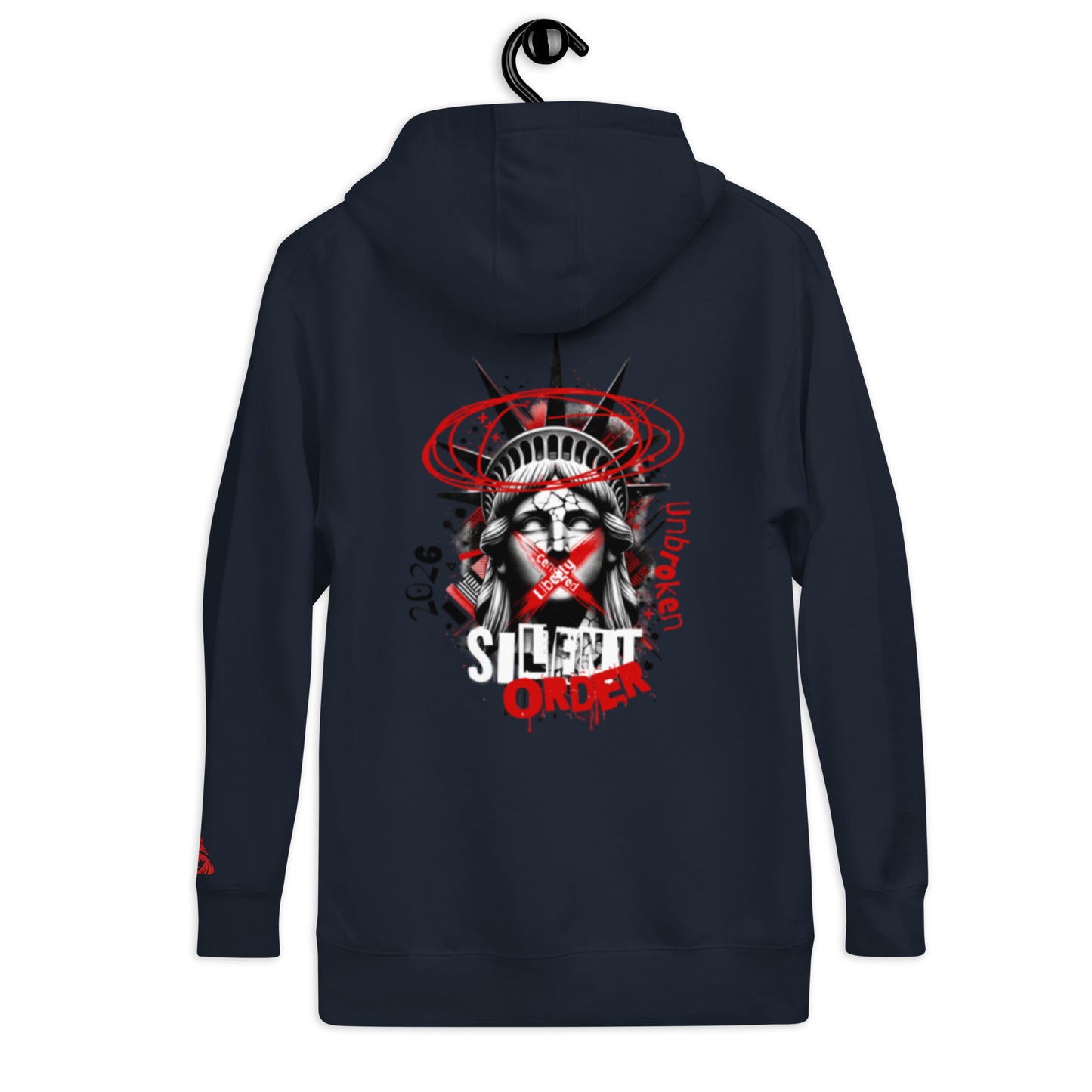 Black hoodie with a graphic design on the back, featuring the text 'Silent Order' and a stylized face with horns.