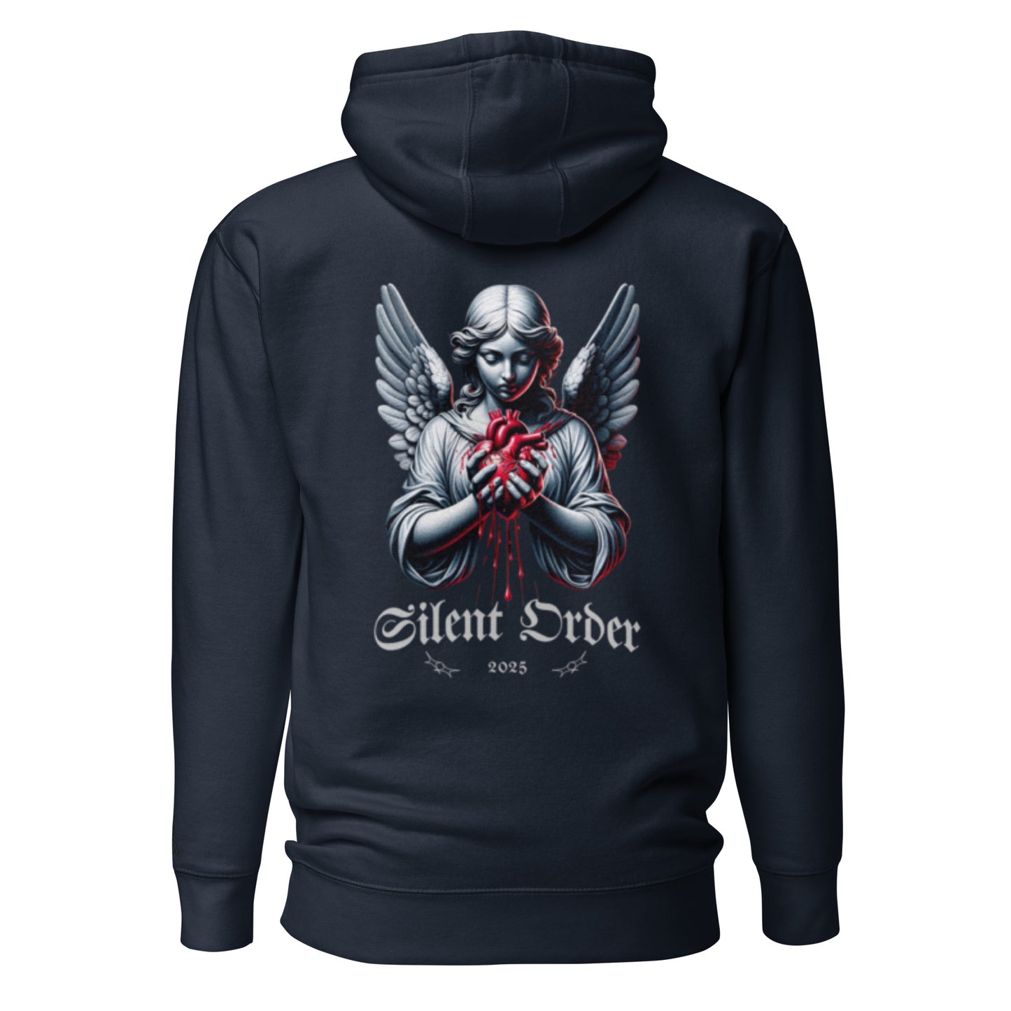 Black hoodie with an angel holding a heart design on the back, featuring the text 'Silent Order'.