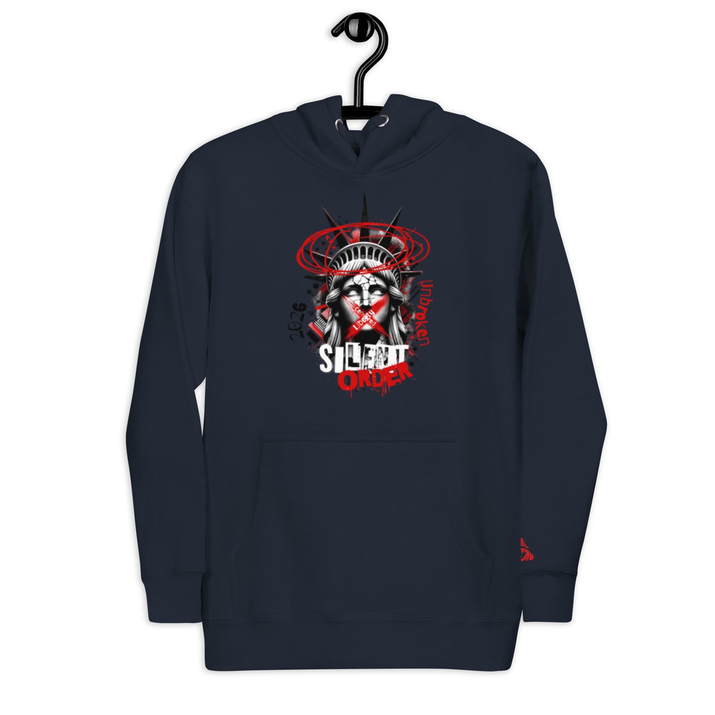 Navy blue hoodie with a graphic design on a white background