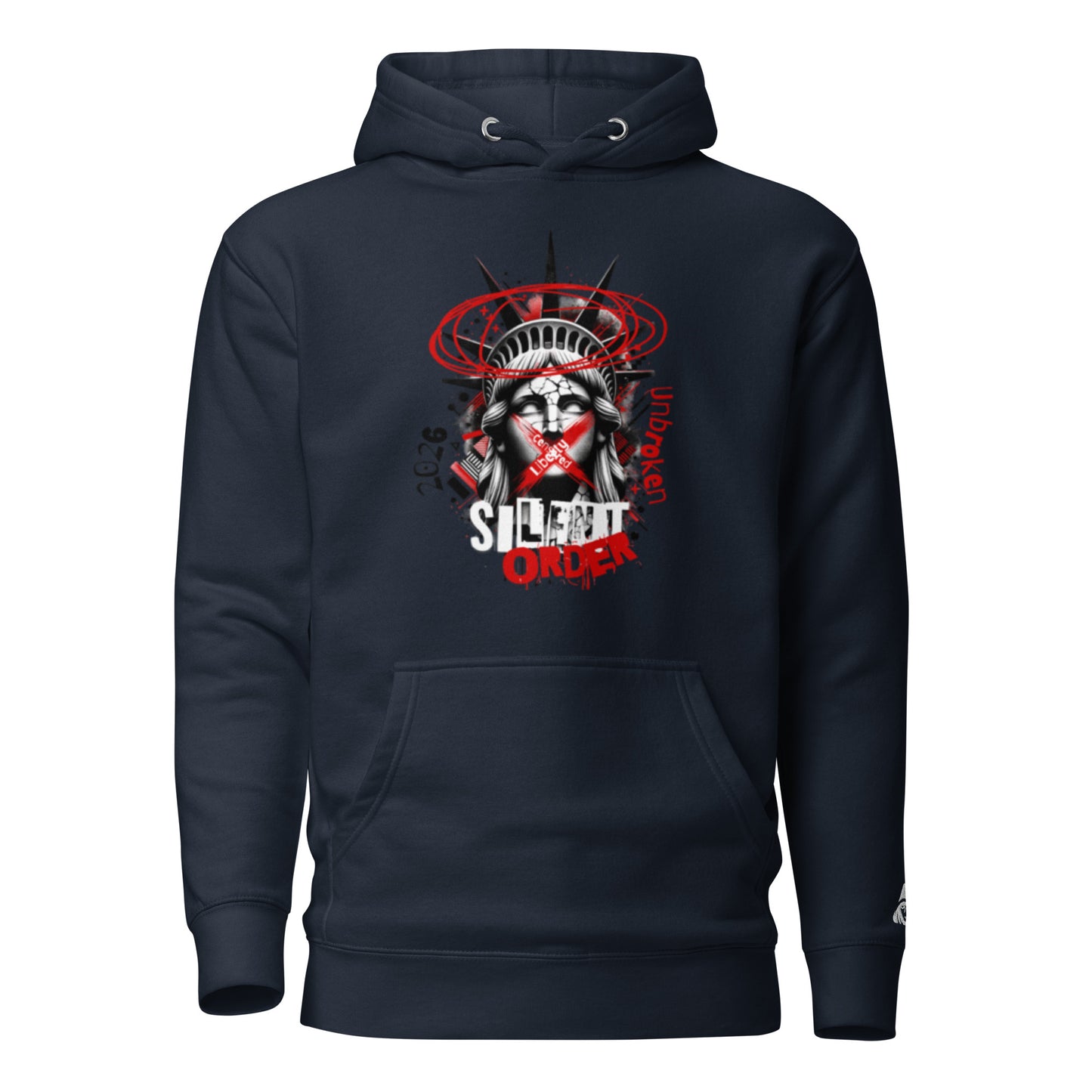 Navy blue hoodie with a graphic design on a white background