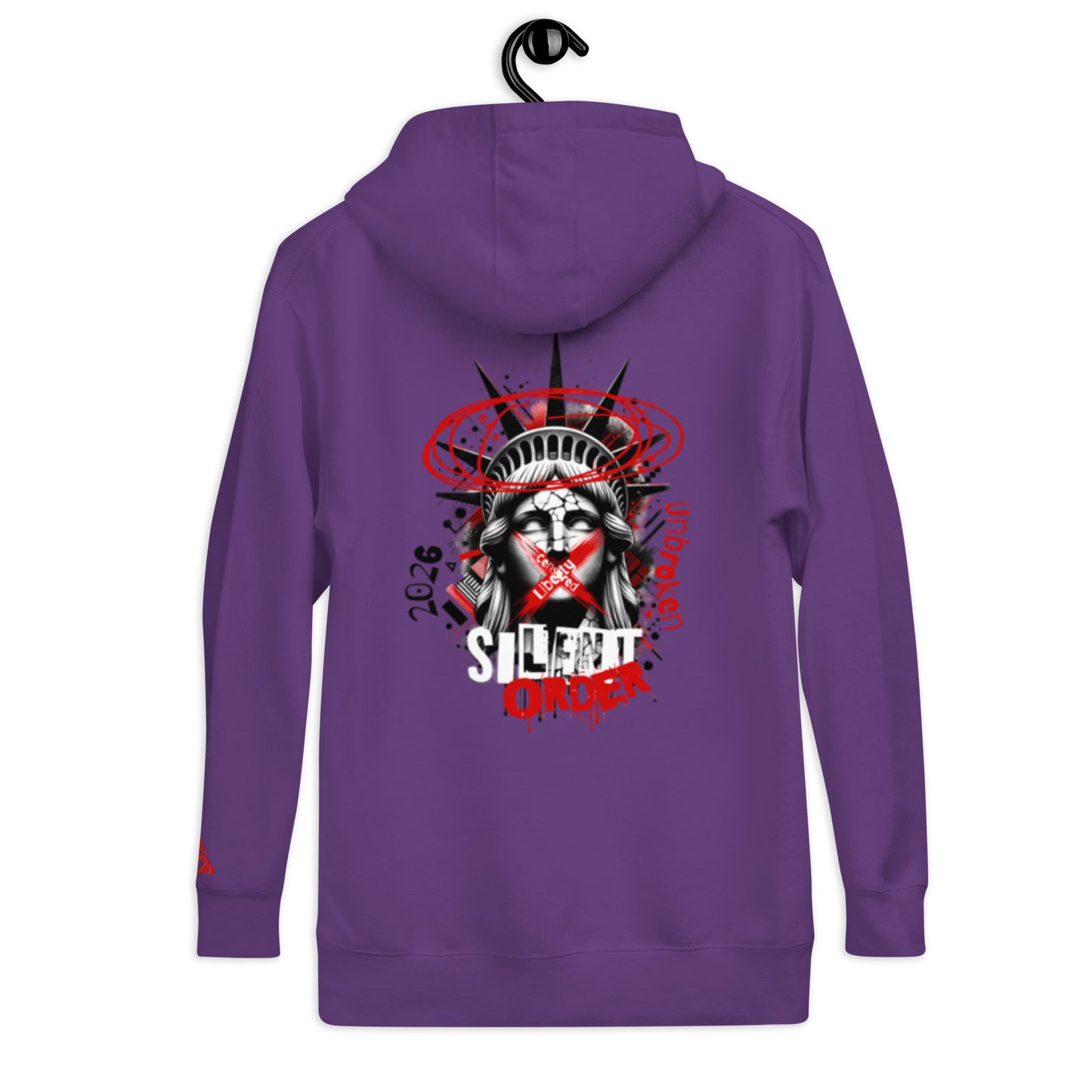 Purple hoodie with a graphic design on the back, featuring the Statue of Liberty and text, on a white background.
