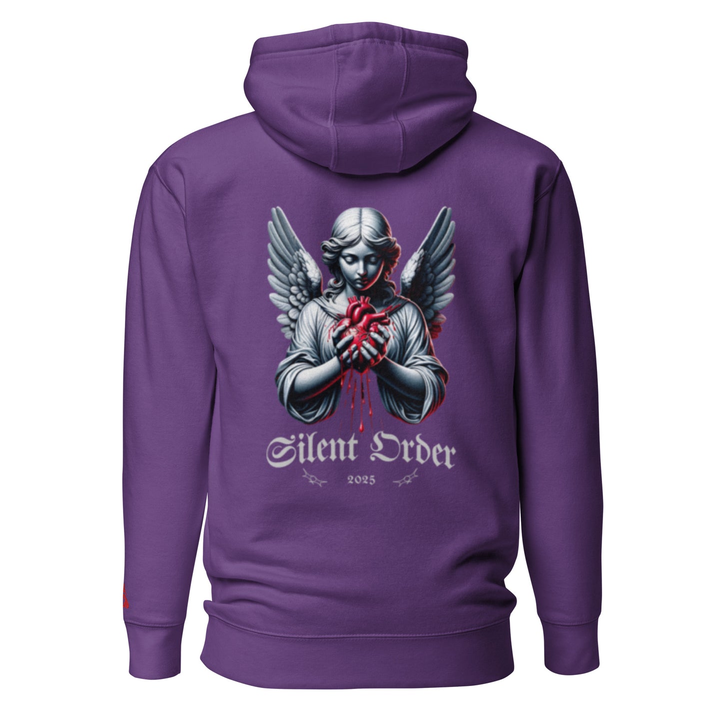 Purple hoodie with an angel graphic and 'Silent Order' text on the back, on a white background