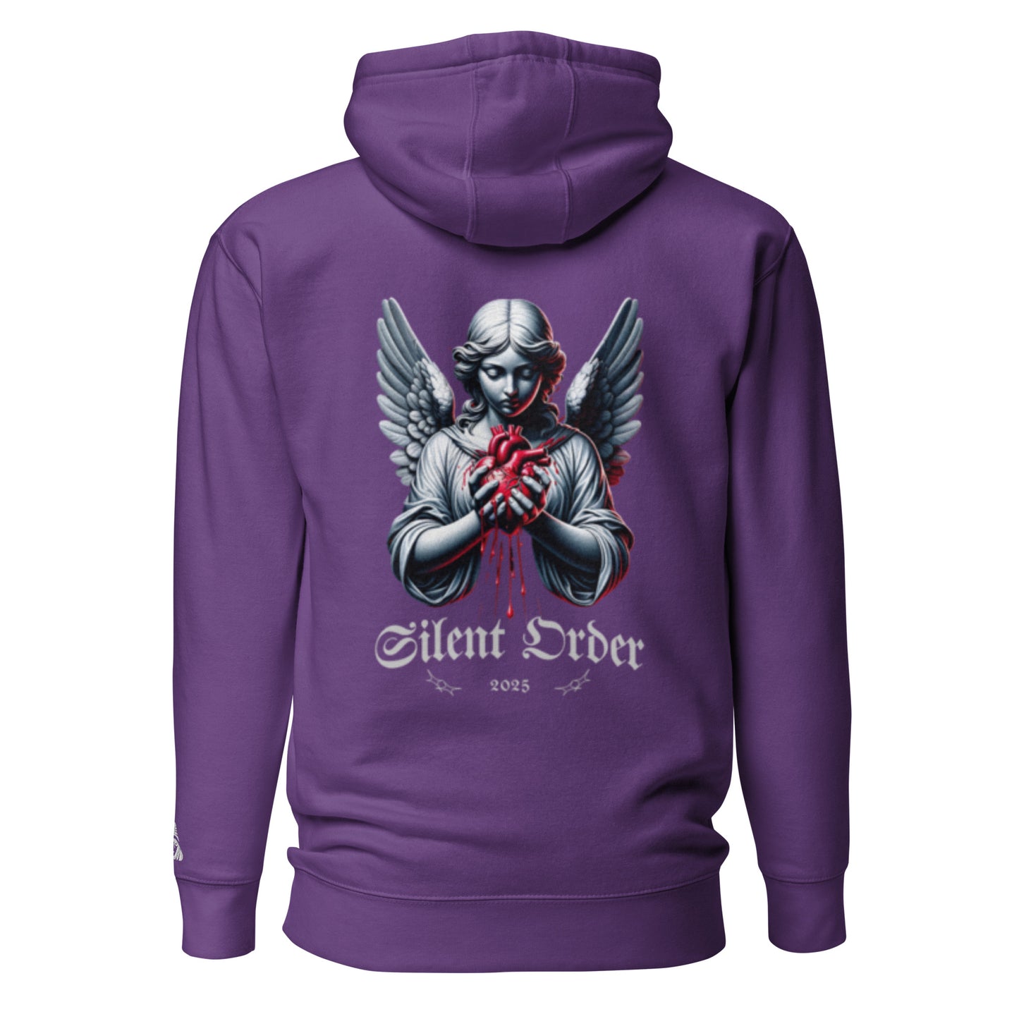 Purple hoodie with an angel graphic and 'Silent Order' text on the back, displayed against a white background.