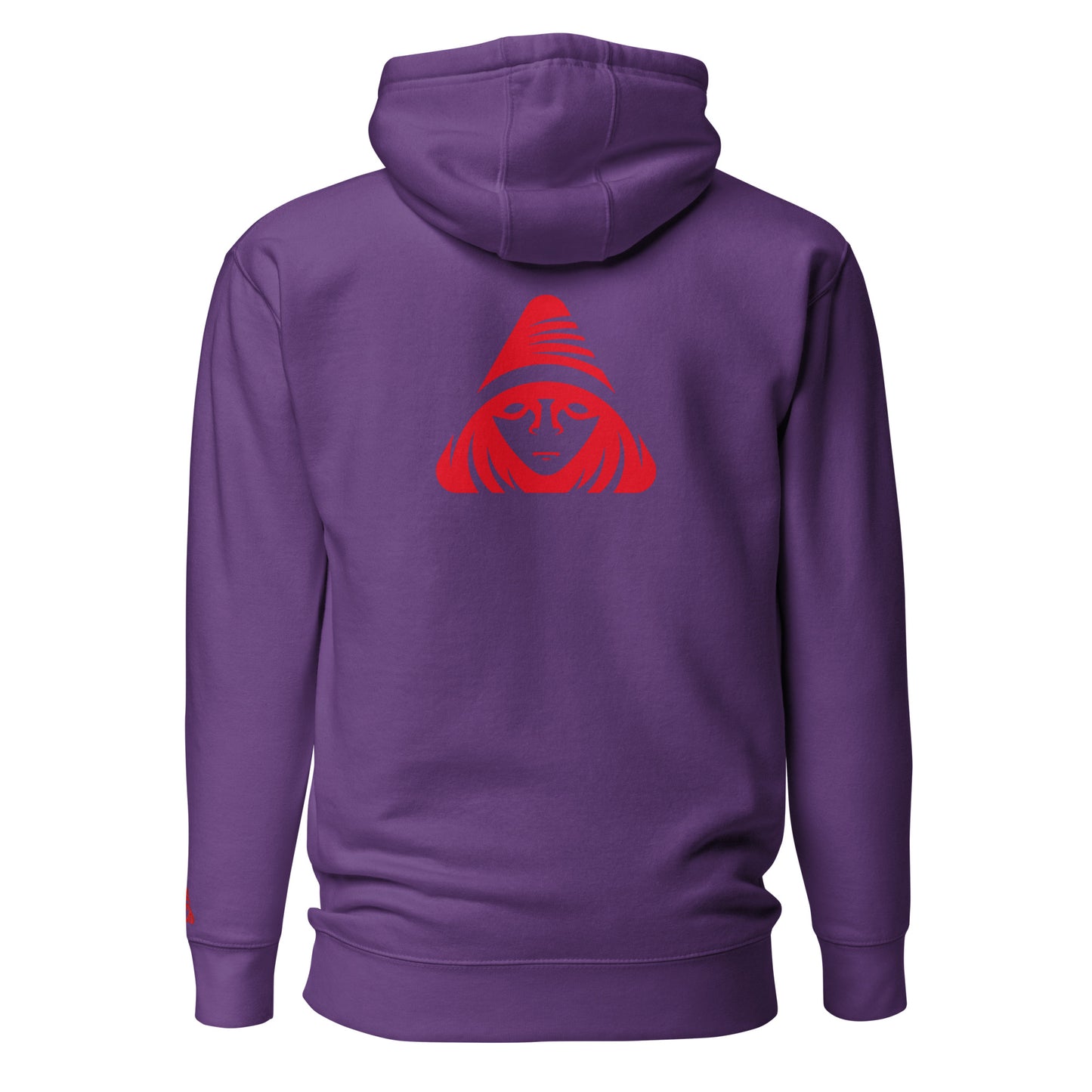 Purple hoodie with a red graphic on the back against a white background