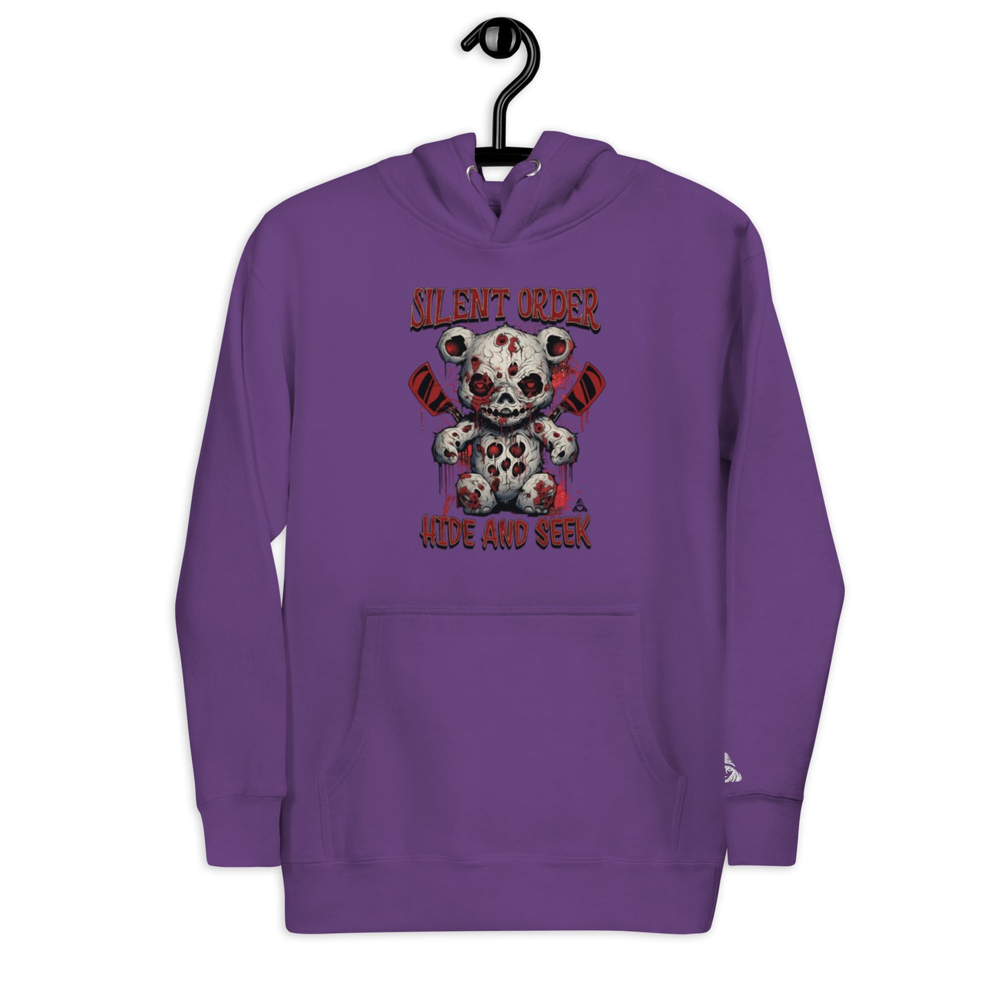 Purple hoodie with a teddy bear graphic and text on a white background