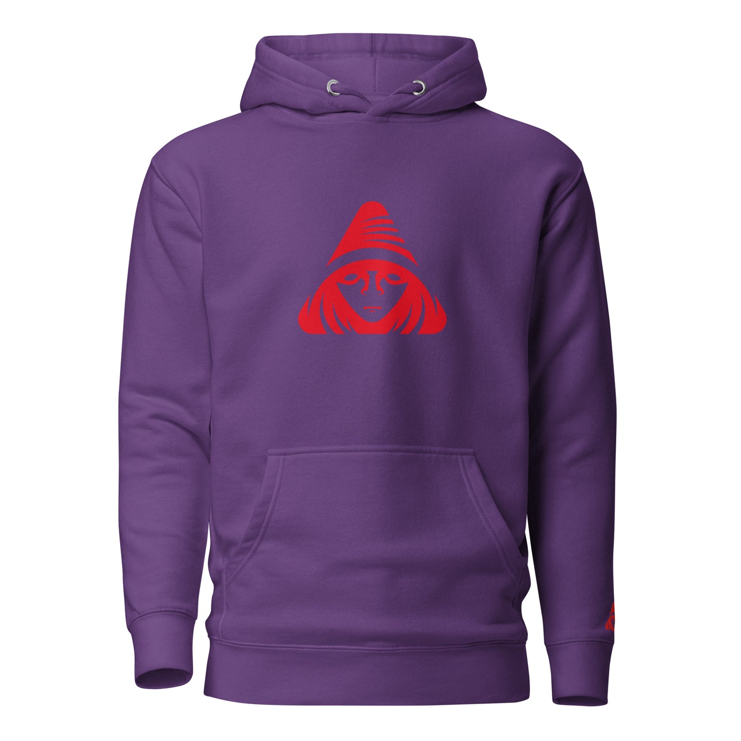 Purple hoodie with a red graphic on a white background