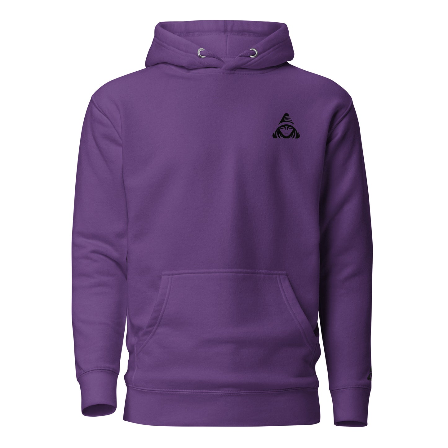 Purple hoodie with a small black logo on the chest against a white background