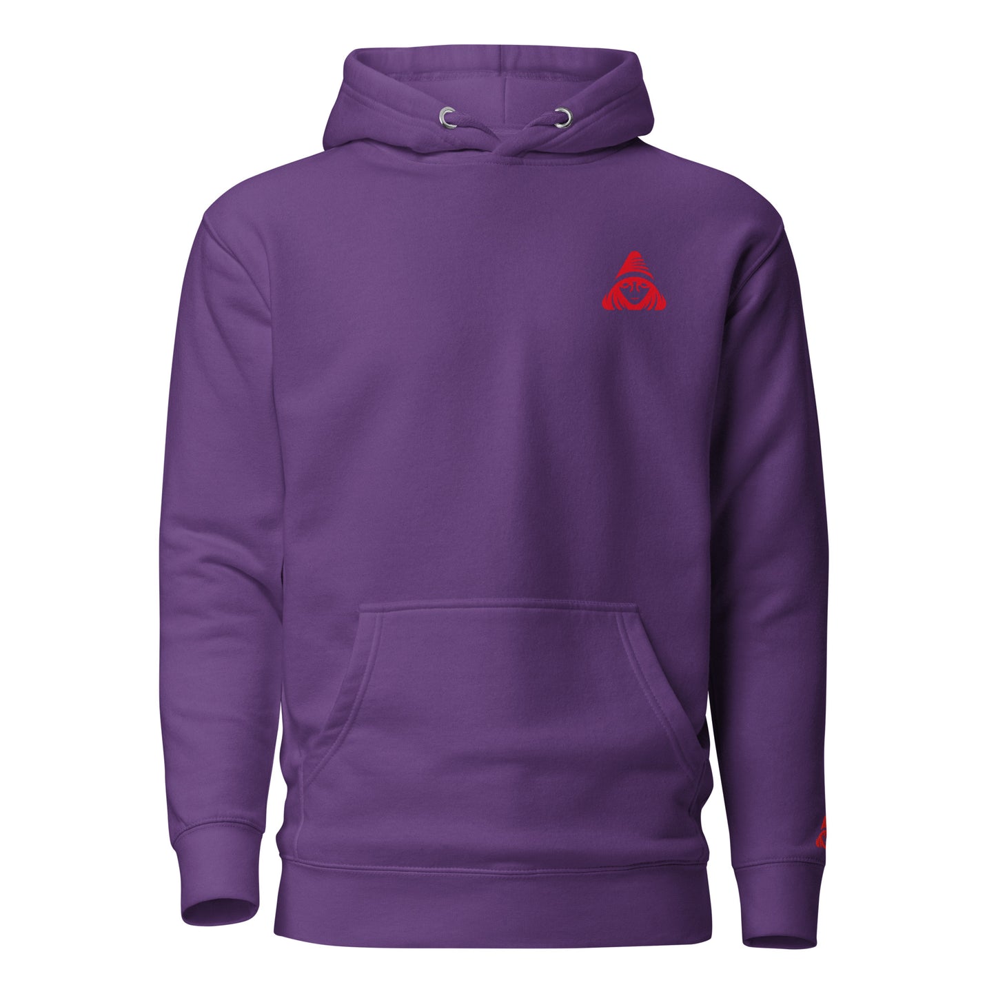 Purple hoodie with a red logo on a white background
