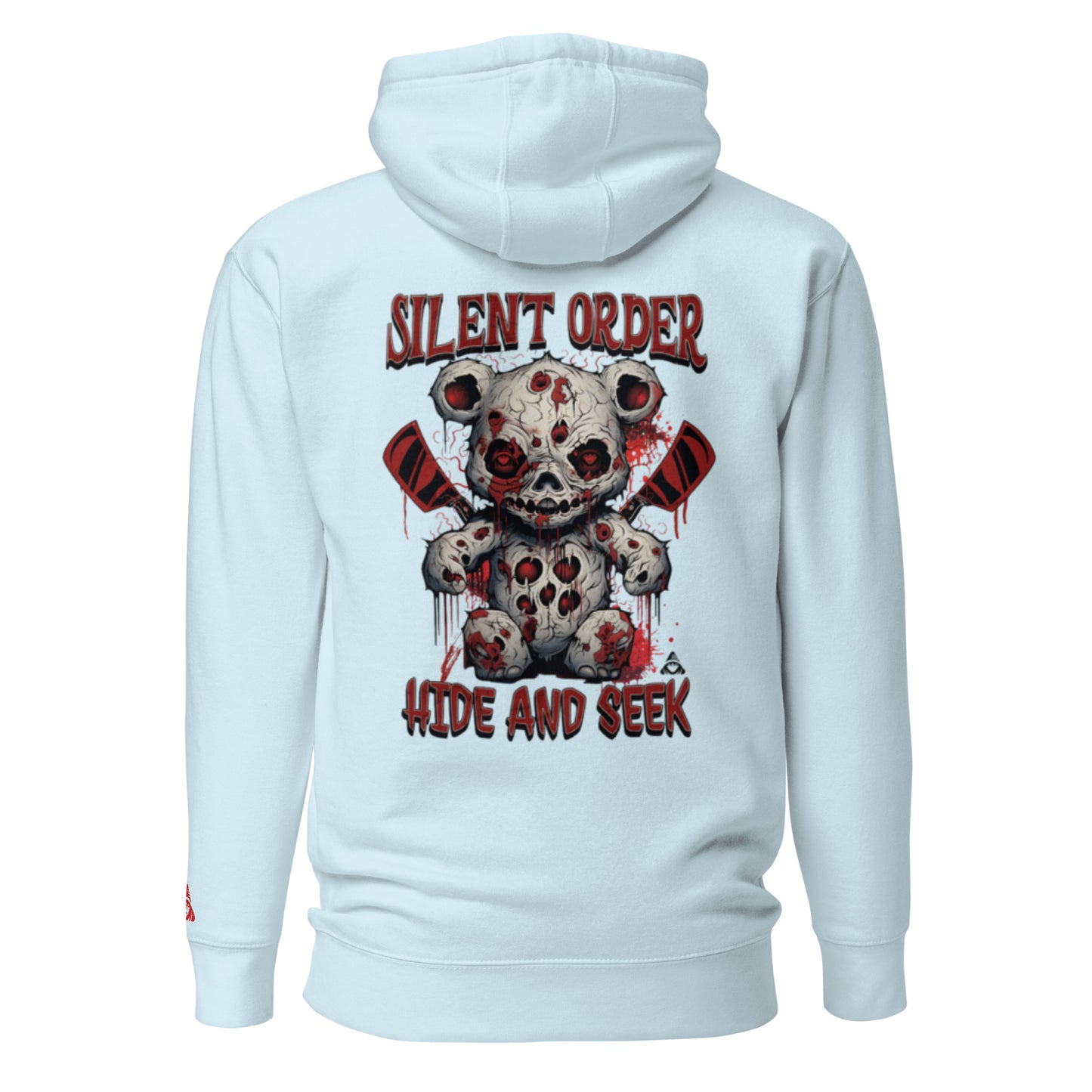 Light blue hoodie with a graphic design of a teddy bear and text on the back, on a white background.