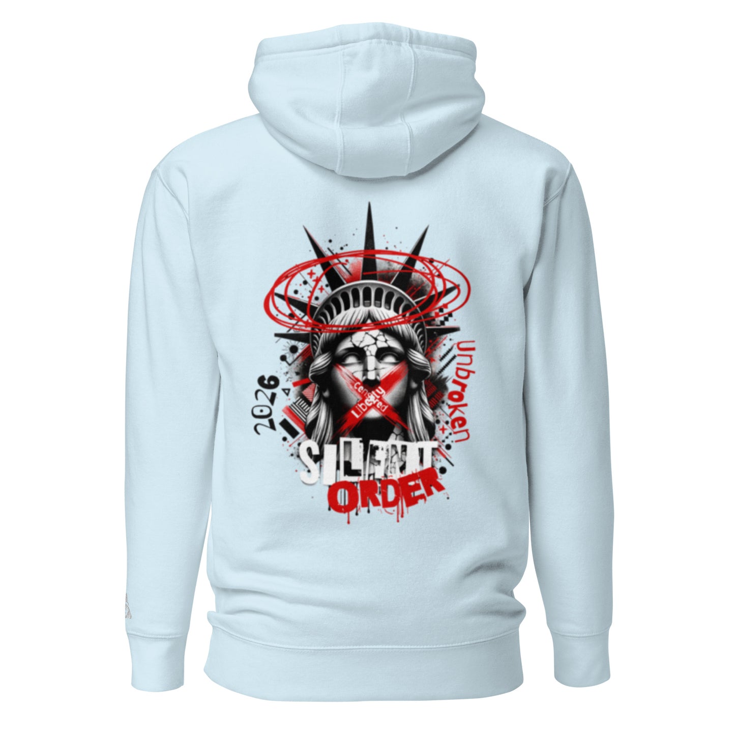 Light blue hoodie with a graphic design on the back featuring the Statue of Liberty.