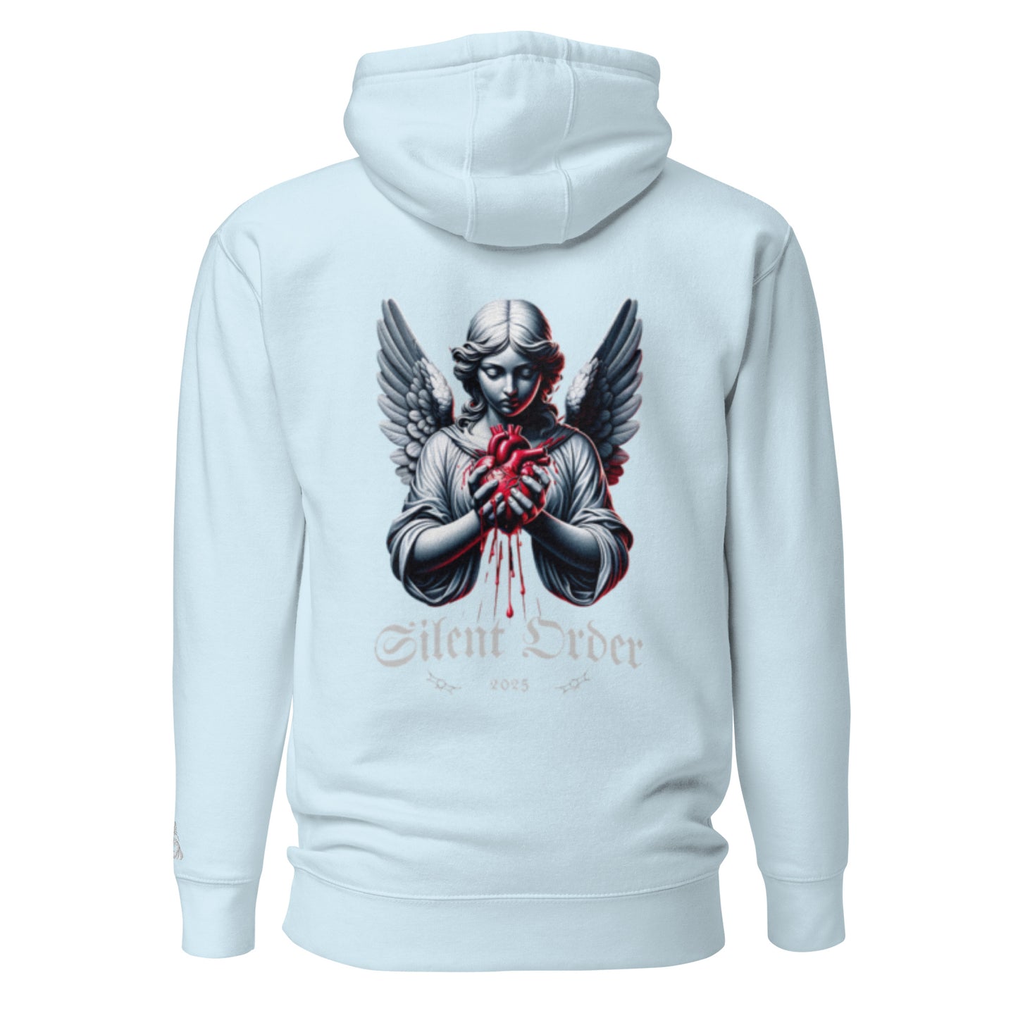 Light blue hoodie with an angel graphic and 'Silent Order' text on the back, on a white background