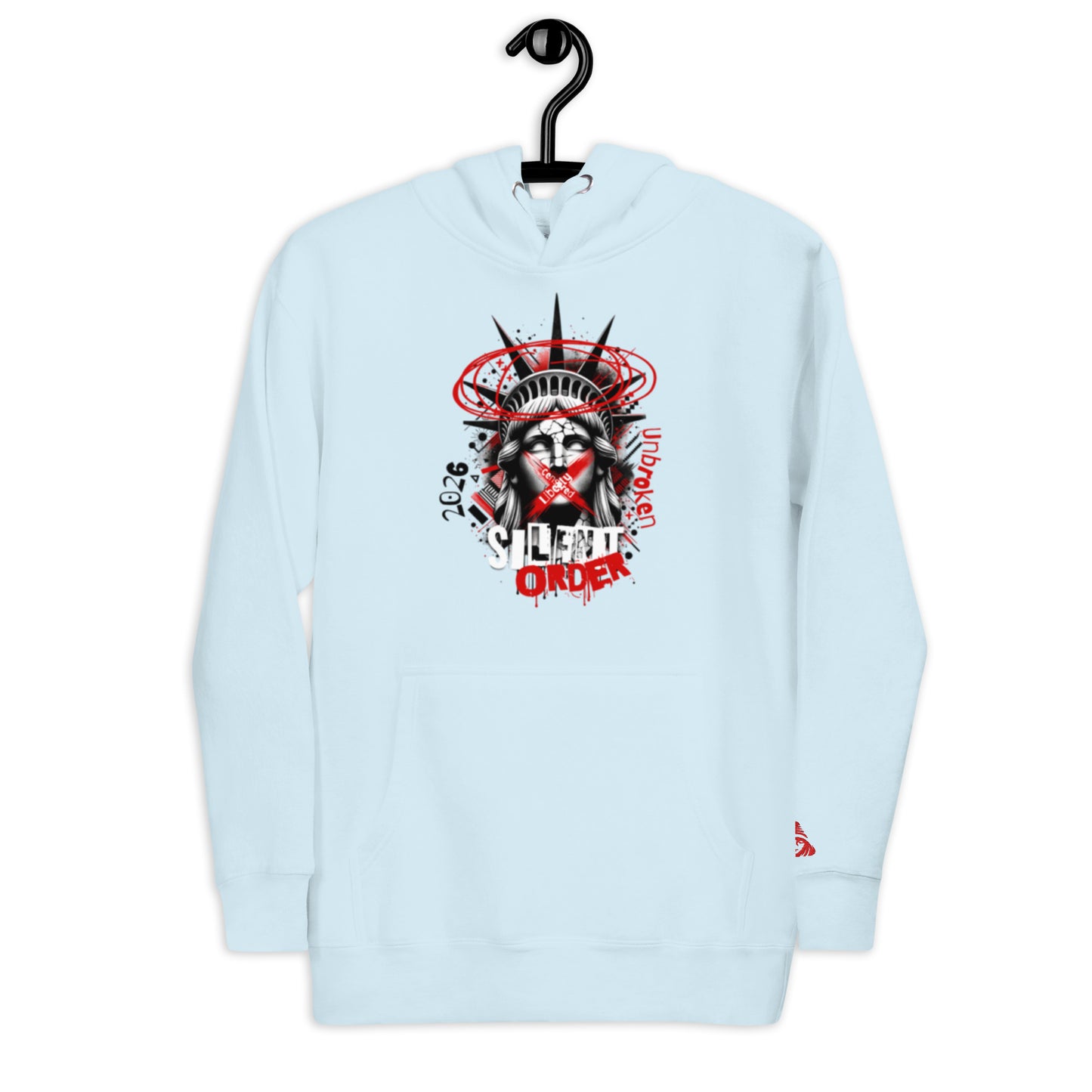 Light blue sweatshirt with graphic design on a hanger against a white background