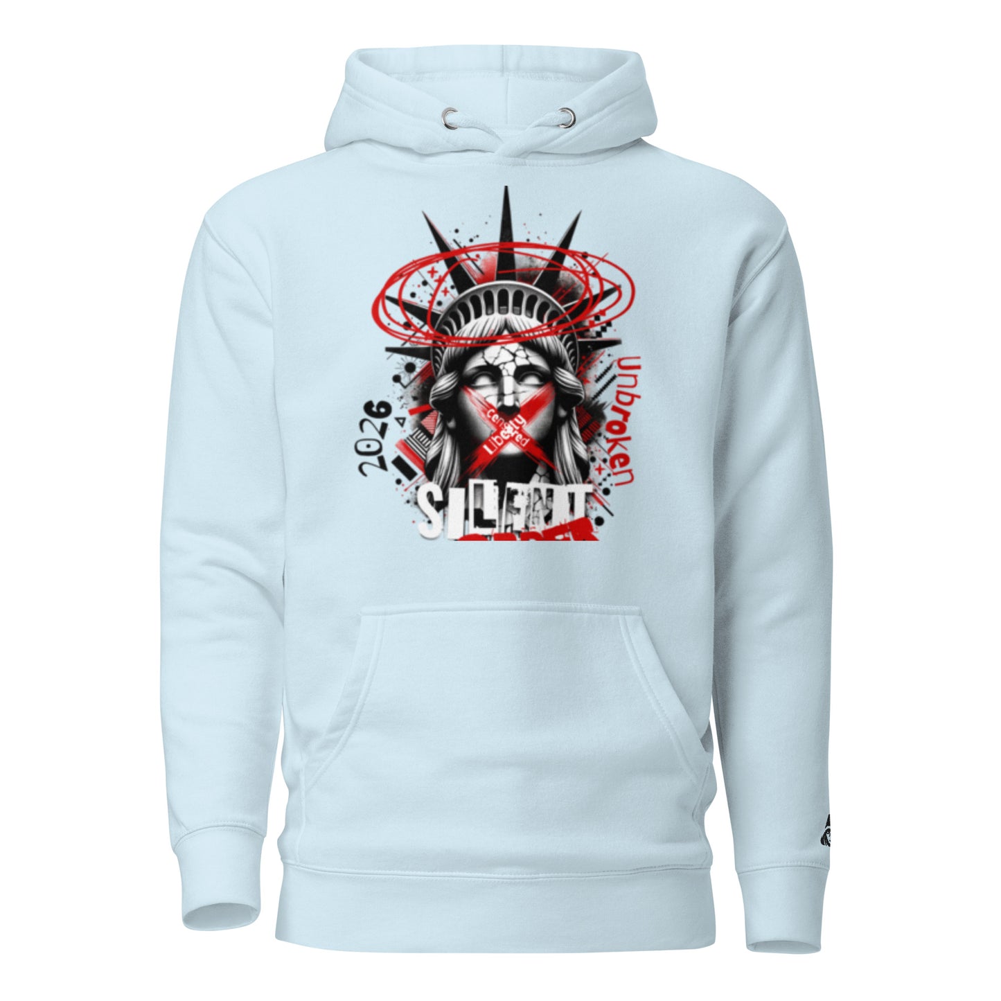 Light blue hoodie with a graphic design of a face with a red mark on the forehead and text on a white background.