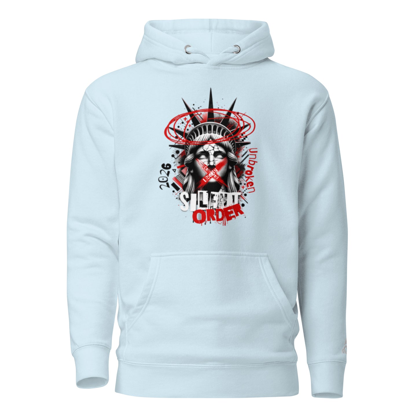 Light blue hoodie with a graphic design on a white background