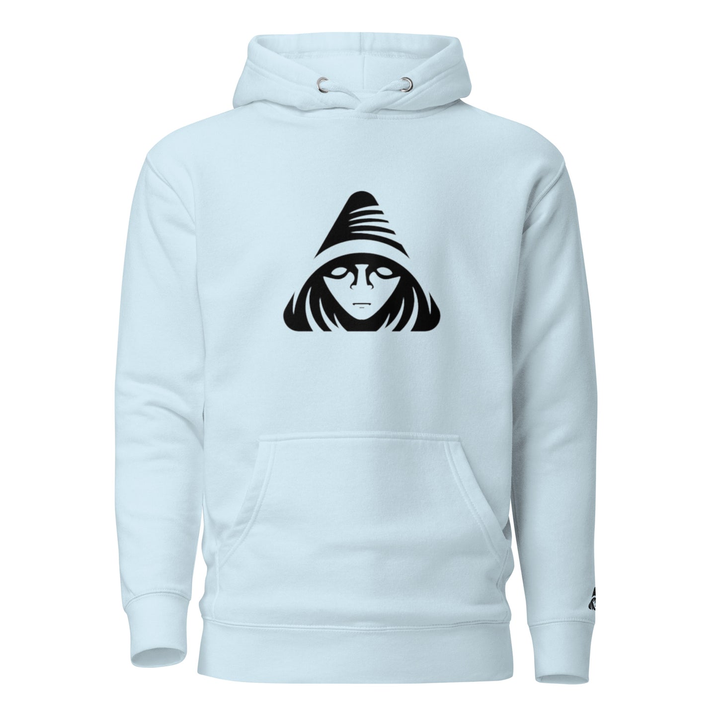 Light blue hoodie with a black graphic on a white background