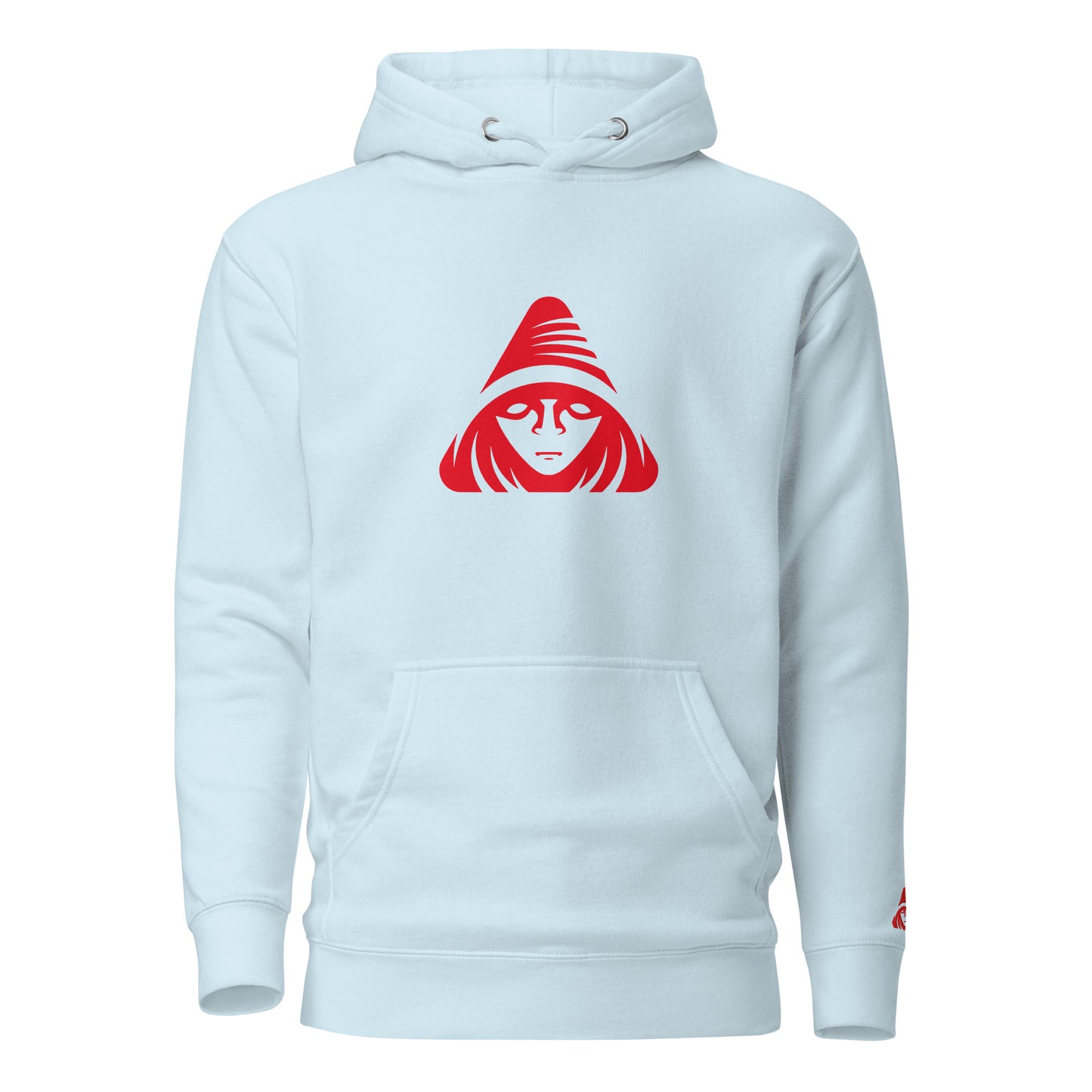 Light blue hoodie with a red graphic on a white background