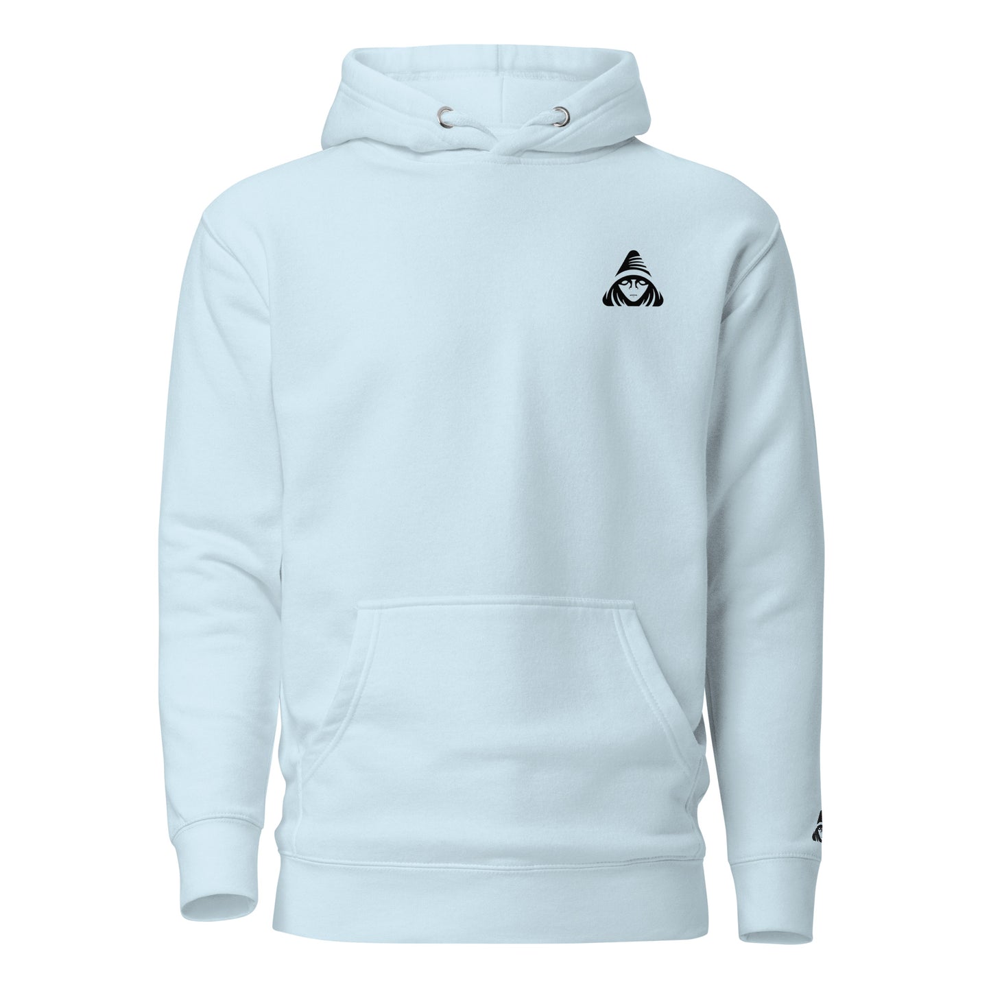 Light blue hoodie with a small black logo on a white background