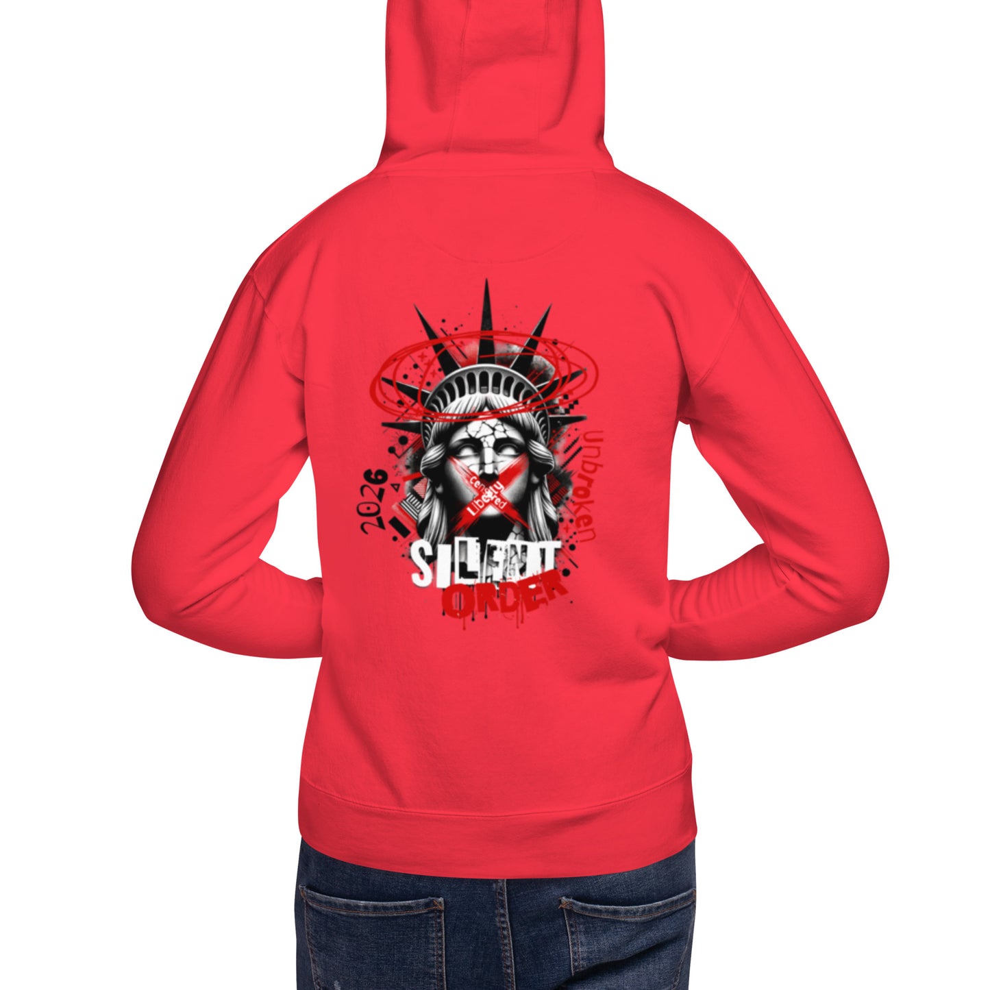Red hoodie with a graphic design on the back, worn by a person.