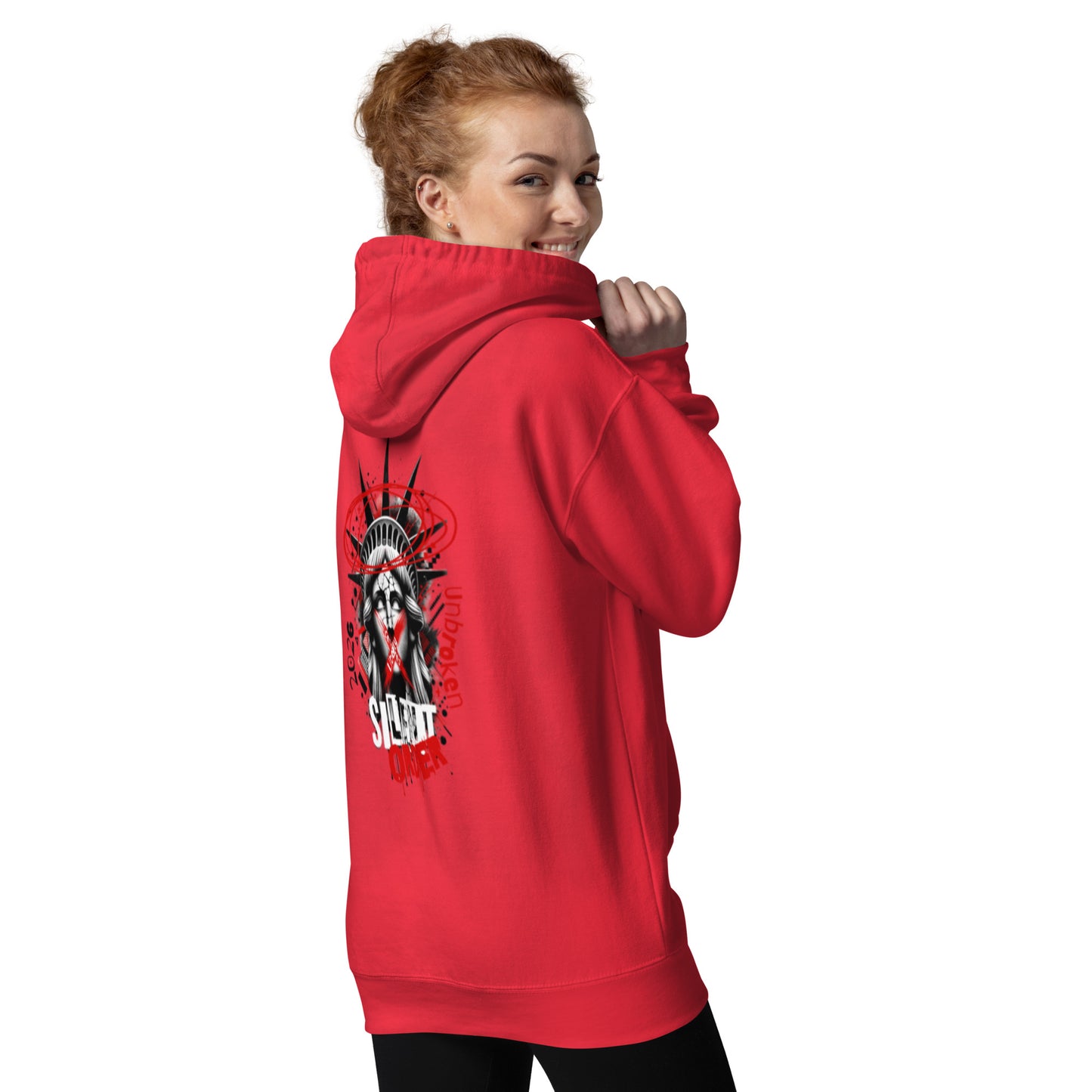 Person wearing a red hoodie with a graphic design on the back, on a white background