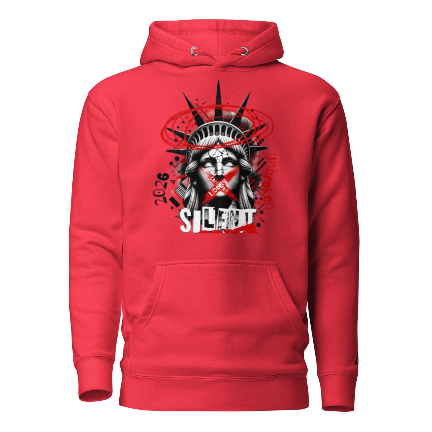 Red hoodie with a graphic design of the Statue of Liberty on a white background
