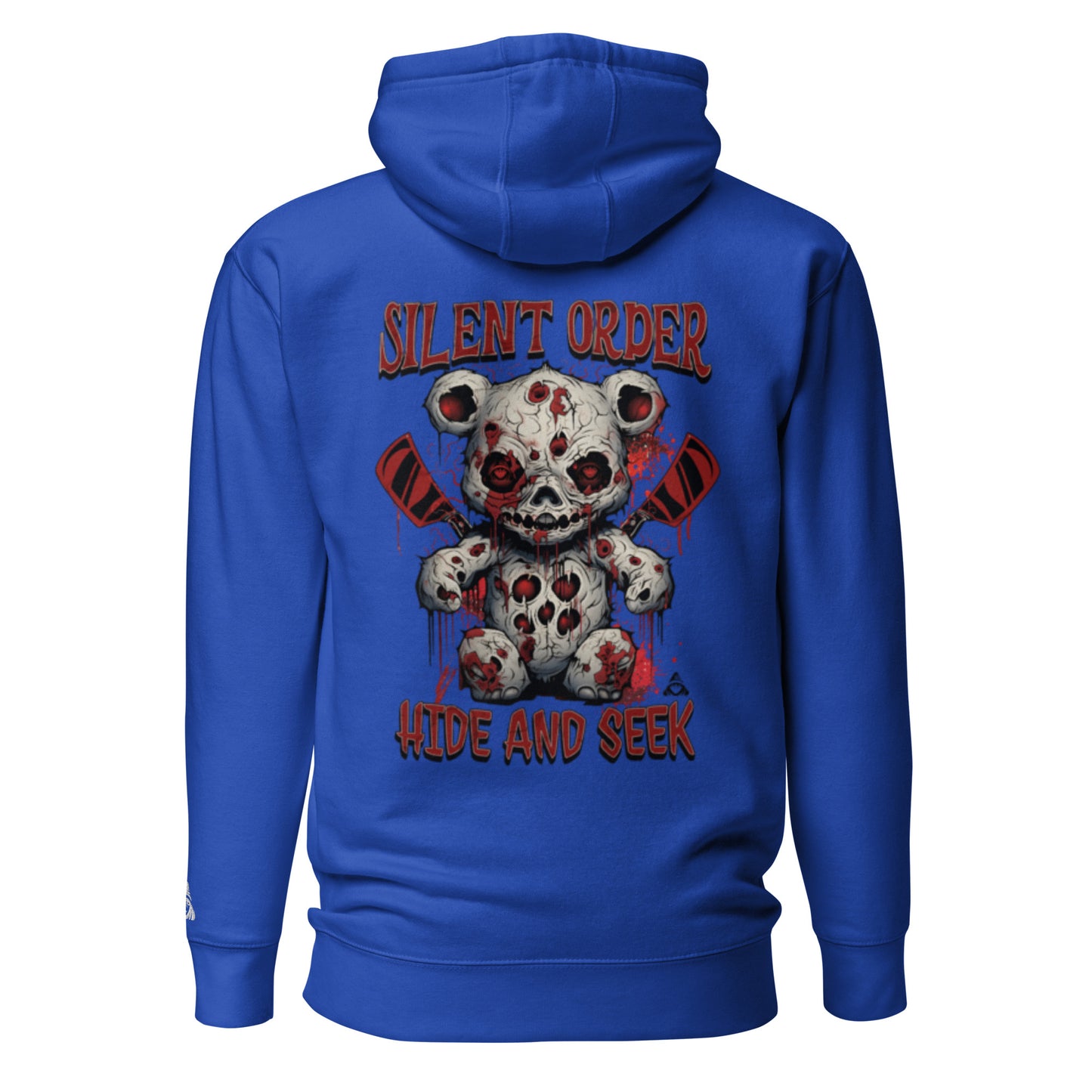 Blue hoodie with a graphic design of a bloody teddy bear and text on the back, on a white background.