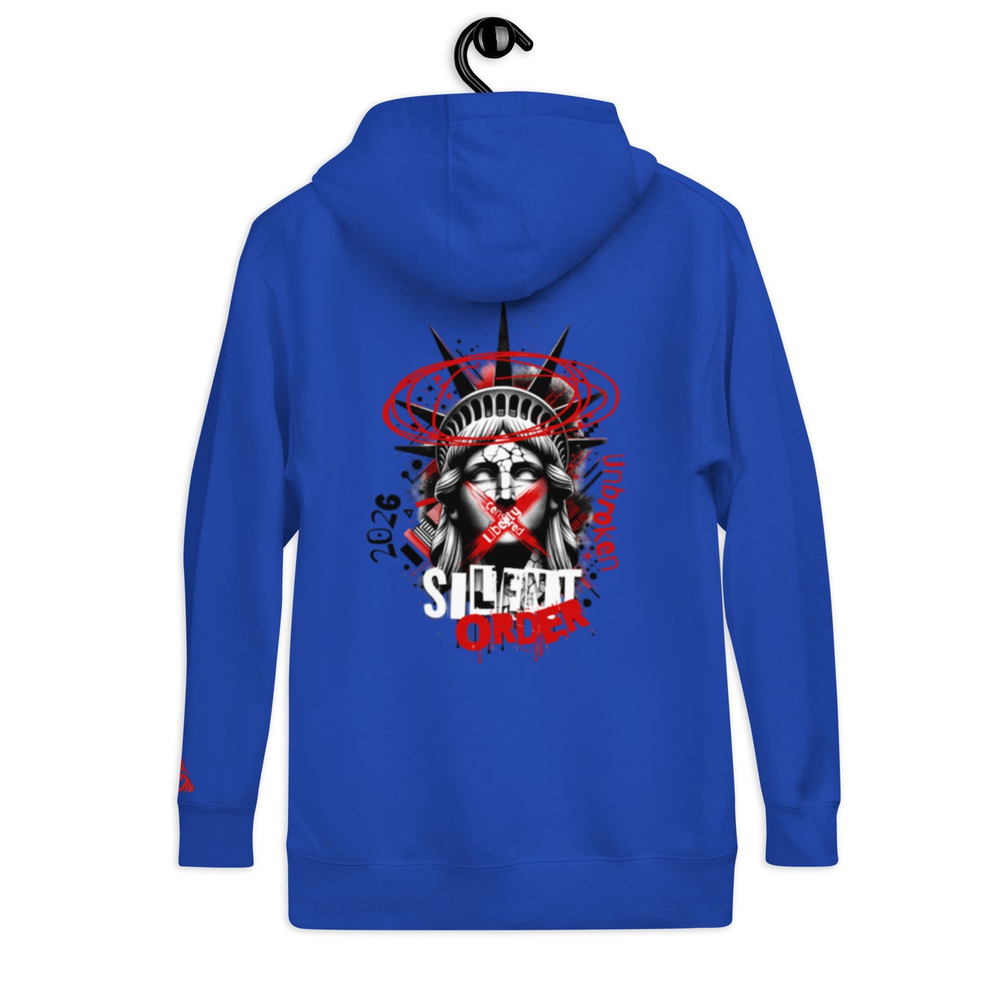 Blue hoodie with a graphic design on the back, featuring the Statue of Liberty and text, on a white background.