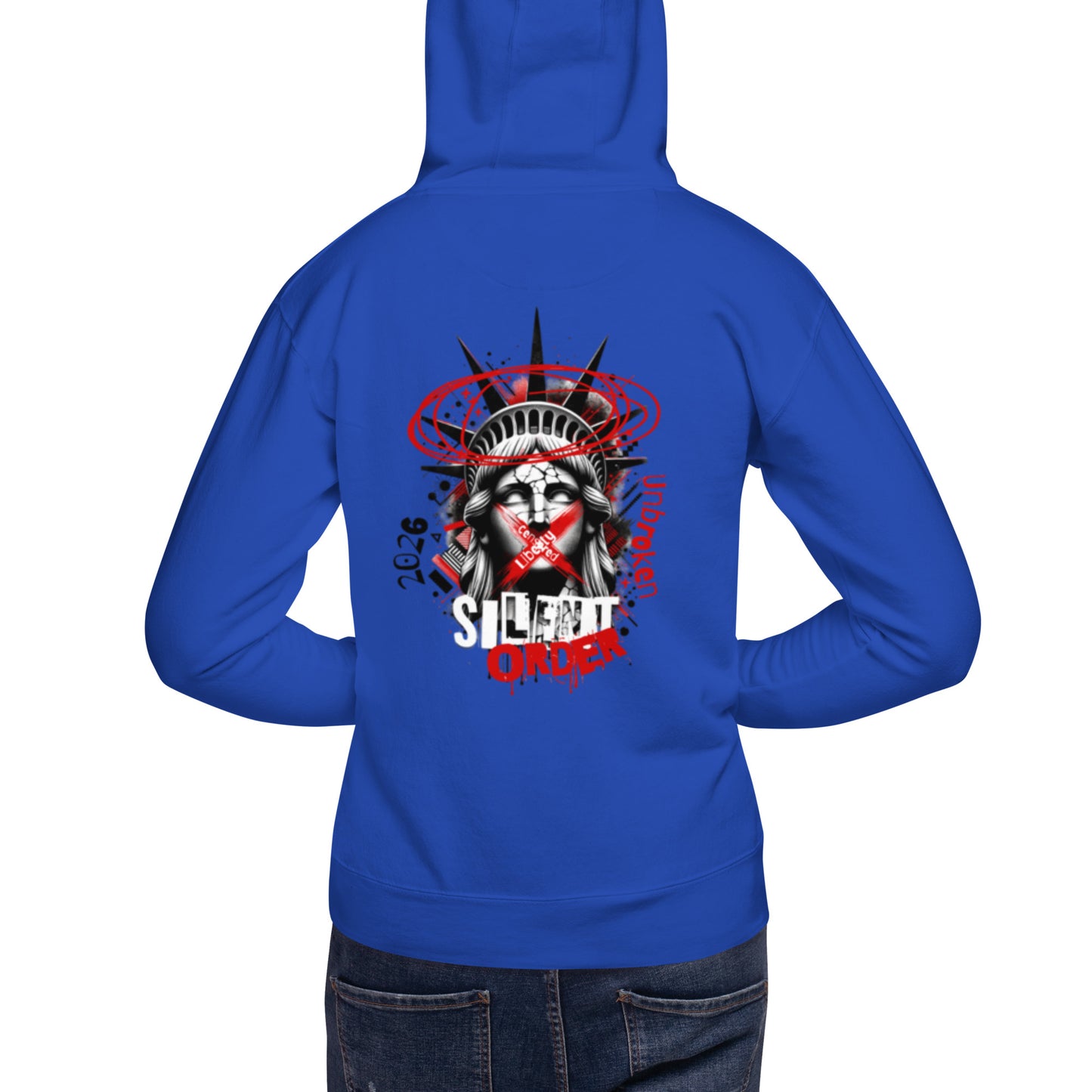 Blue hoodie with a graphic design on the back, featuring a stylized face with a red 'X' over it and text.