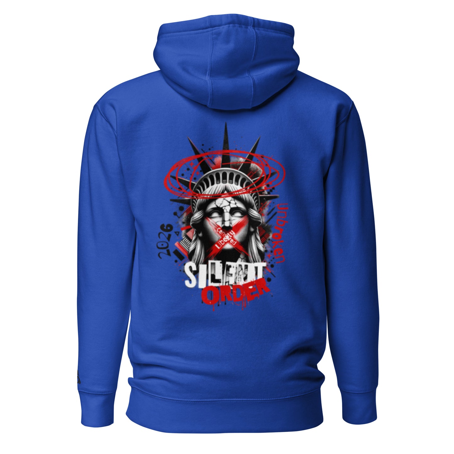 Blue hoodie with a graphic design on the back featuring the Statue of Liberty and text.