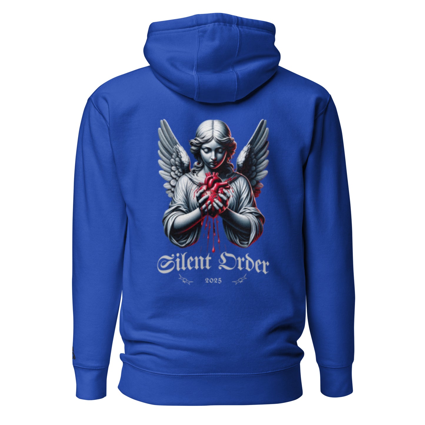 Blue hoodie with an angel graphic and 'Silent Order' text on the back against a white background