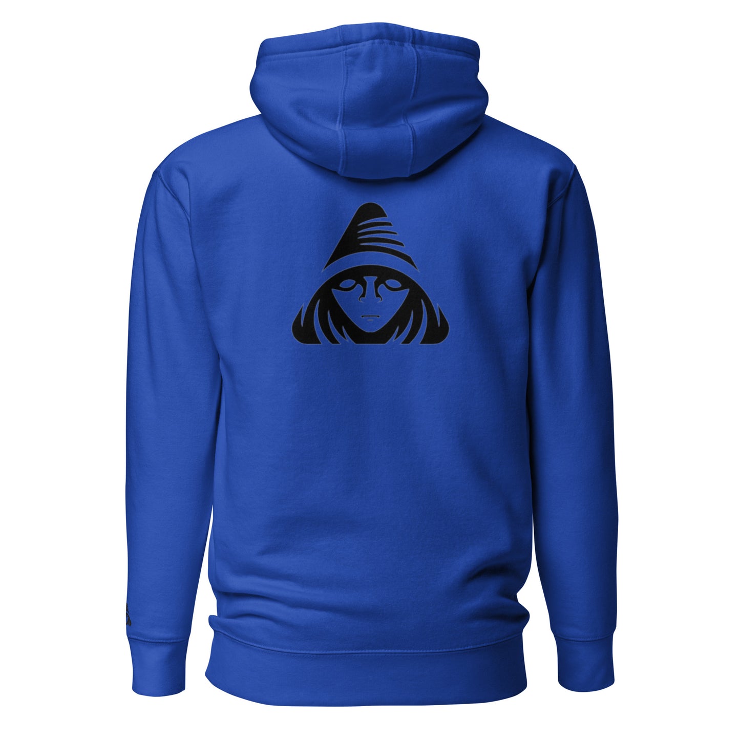 Blue hoodie with a black graphic on the back against a white background