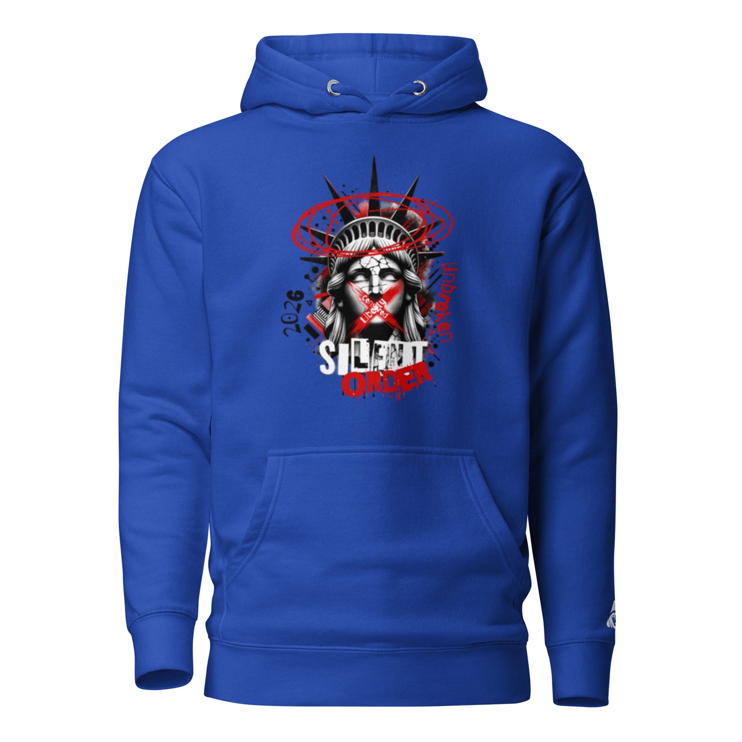Blue hoodie with a graphic design on a white background