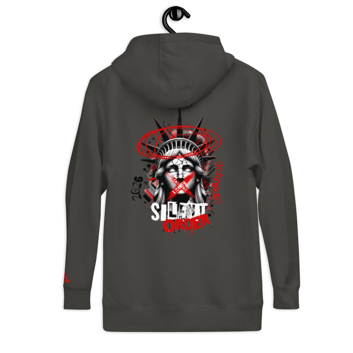 Gray hoodie with a graphic design on the back, featuring the text 'Silent Order' and a stylized face with a red ribbon.