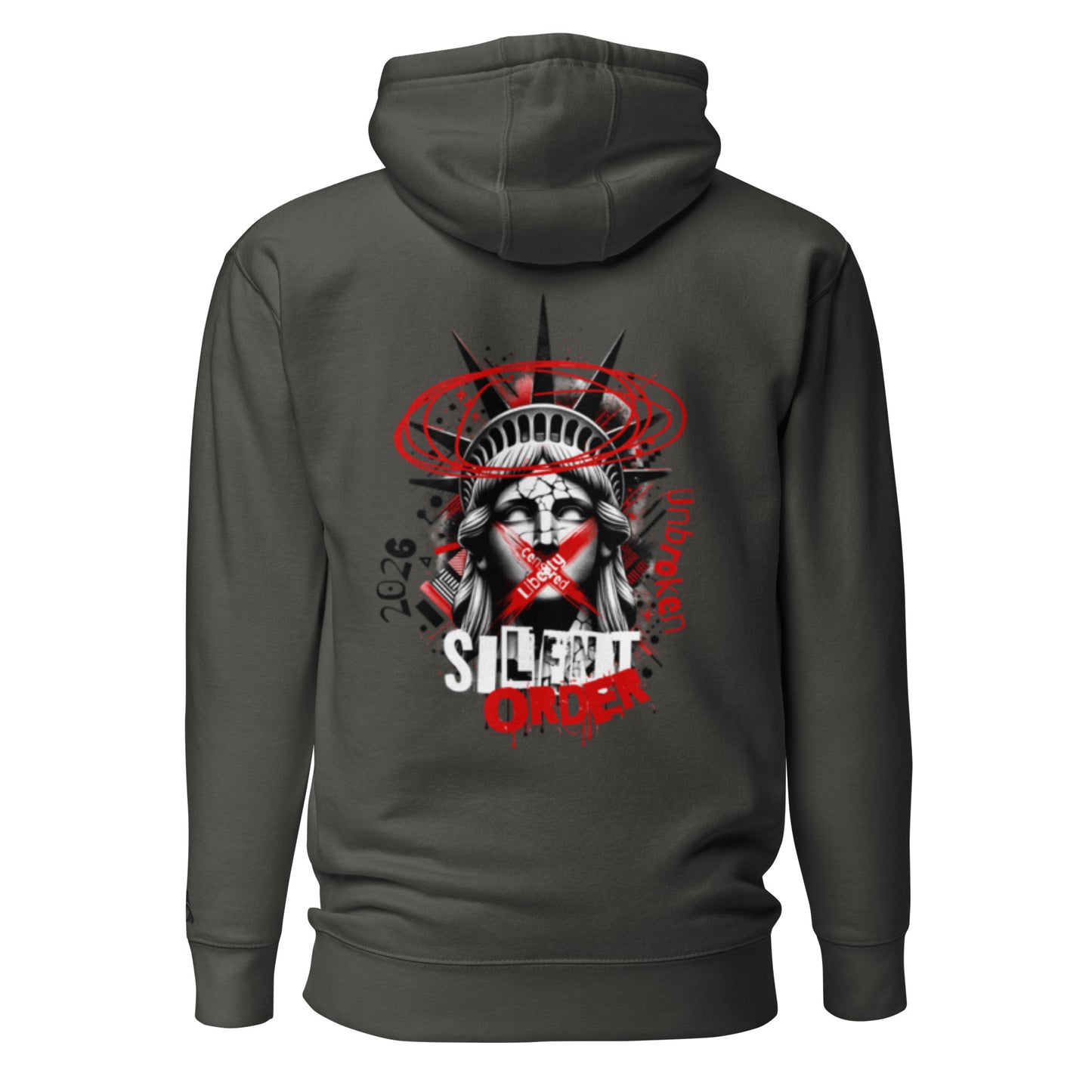 Dark gray hoodie with a graphic design on the back featuring the Statue of Liberty and text, on a white background.