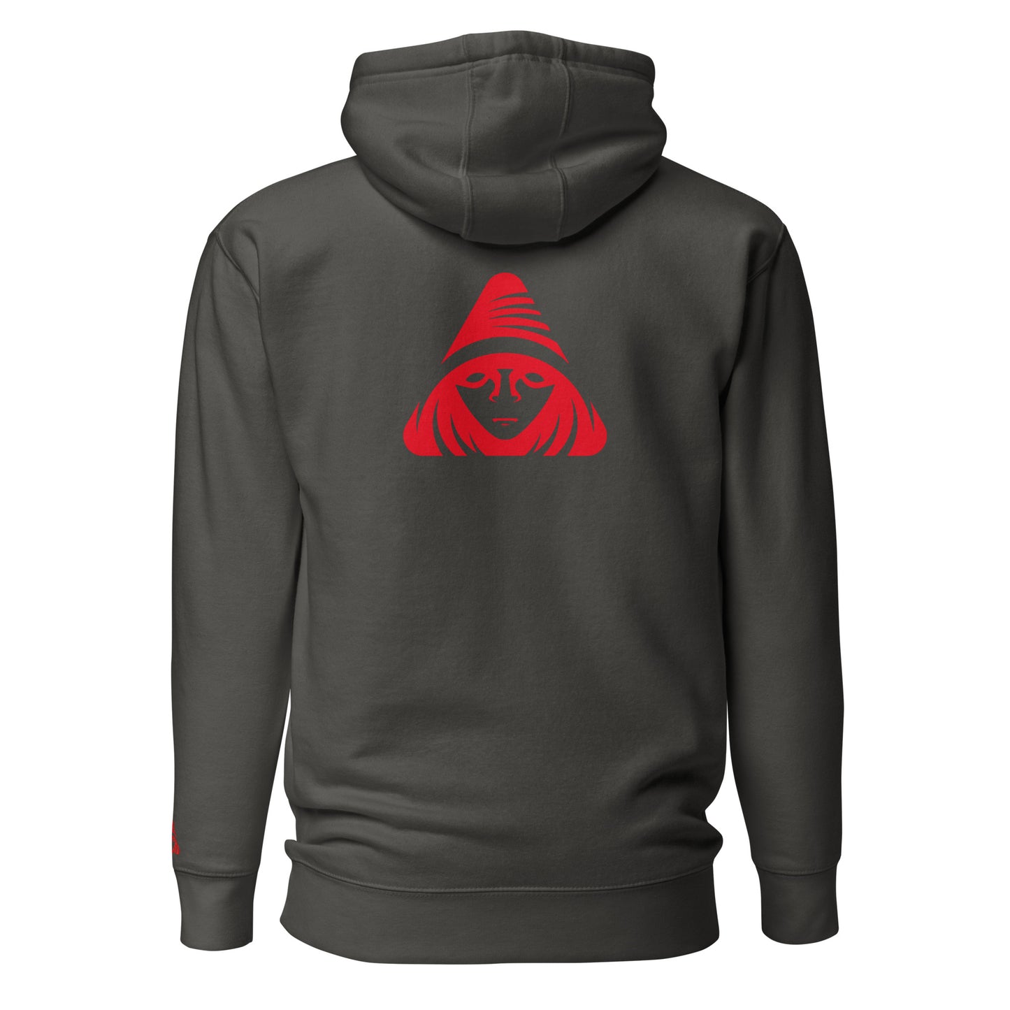 Dark gray hoodie with a red logo on the back against a white background