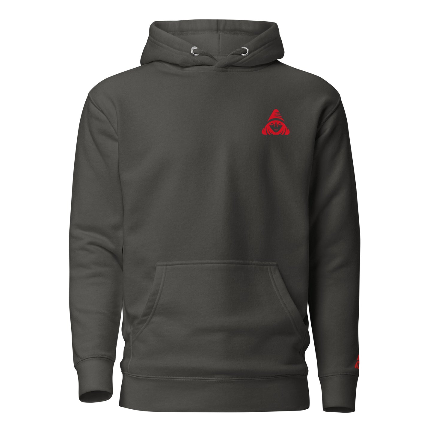 Dark gray hoodie with a red logo on a white background
