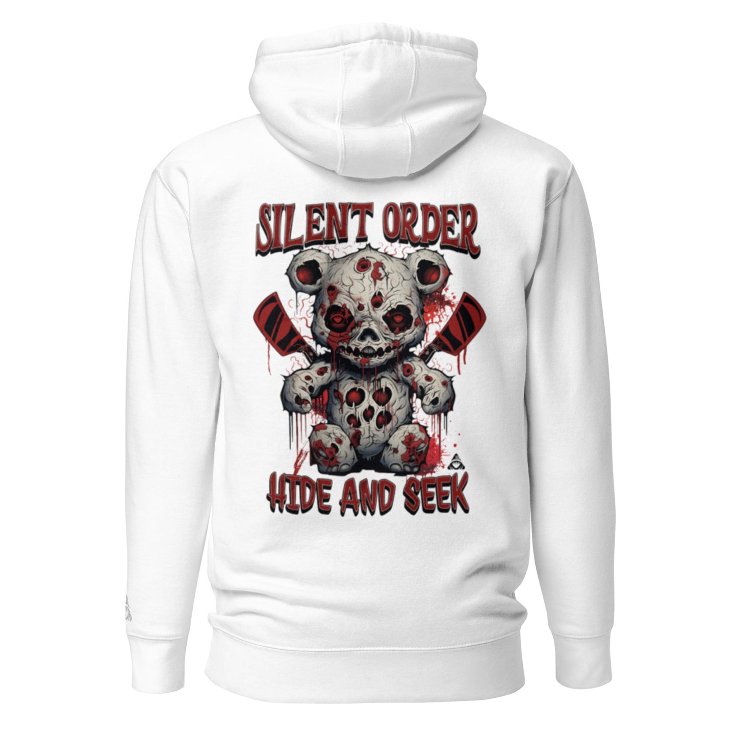 White hoodie with a graphic design of a bloody teddy bear and text on the back, on a white background.