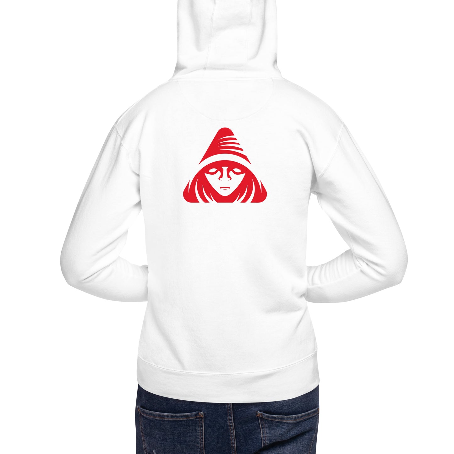 White hoodie with a red graphic on the back, worn by a person.