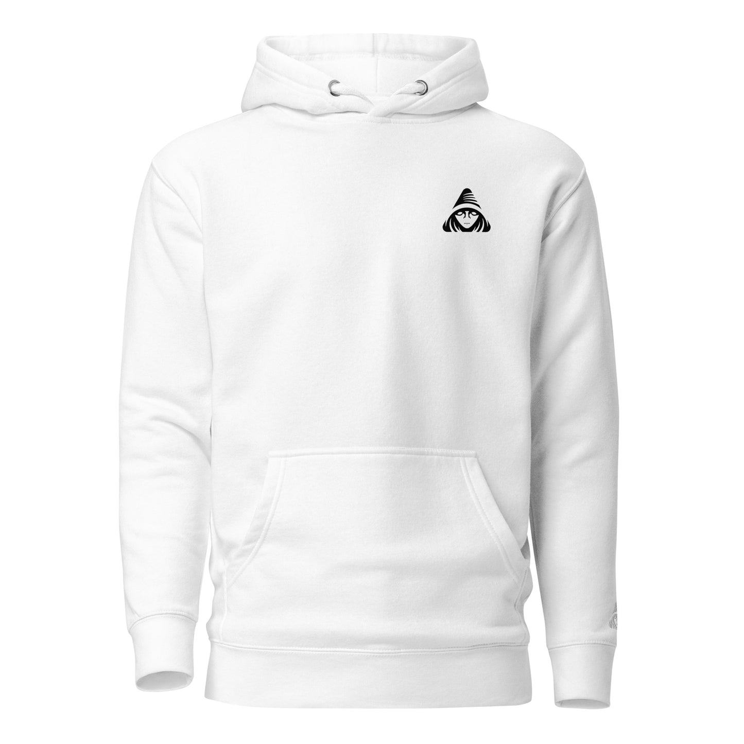 White hoodie with a black logo on a white background