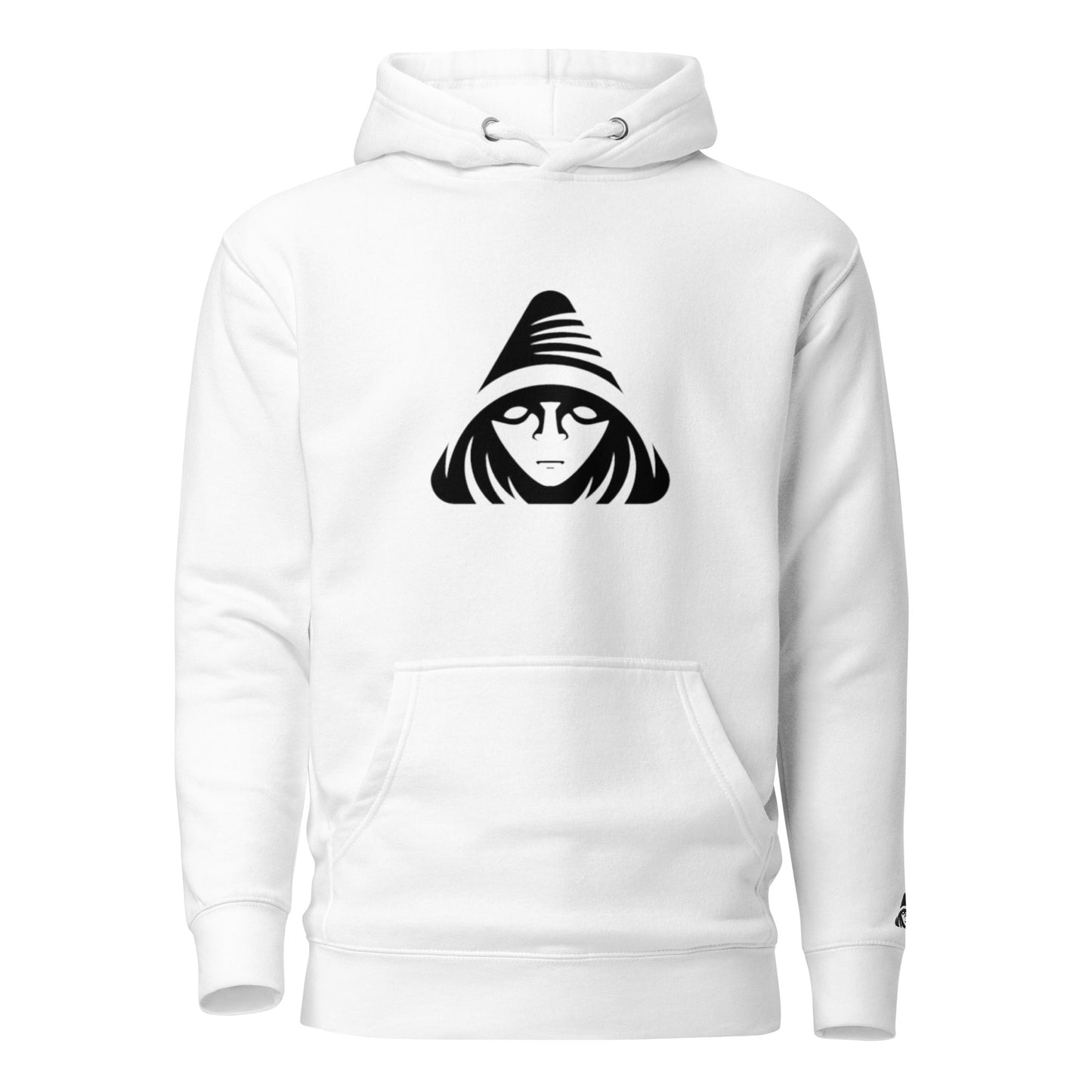 White hoodie with black graphic design on a white background