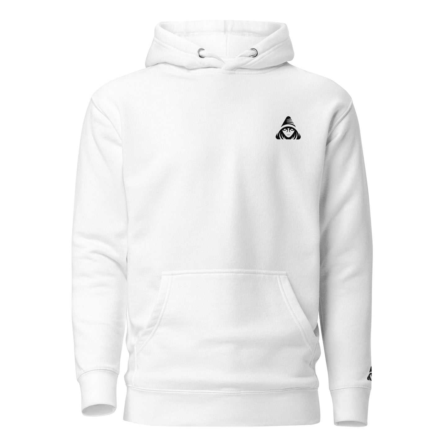 White hoodie with a black logo on a white background