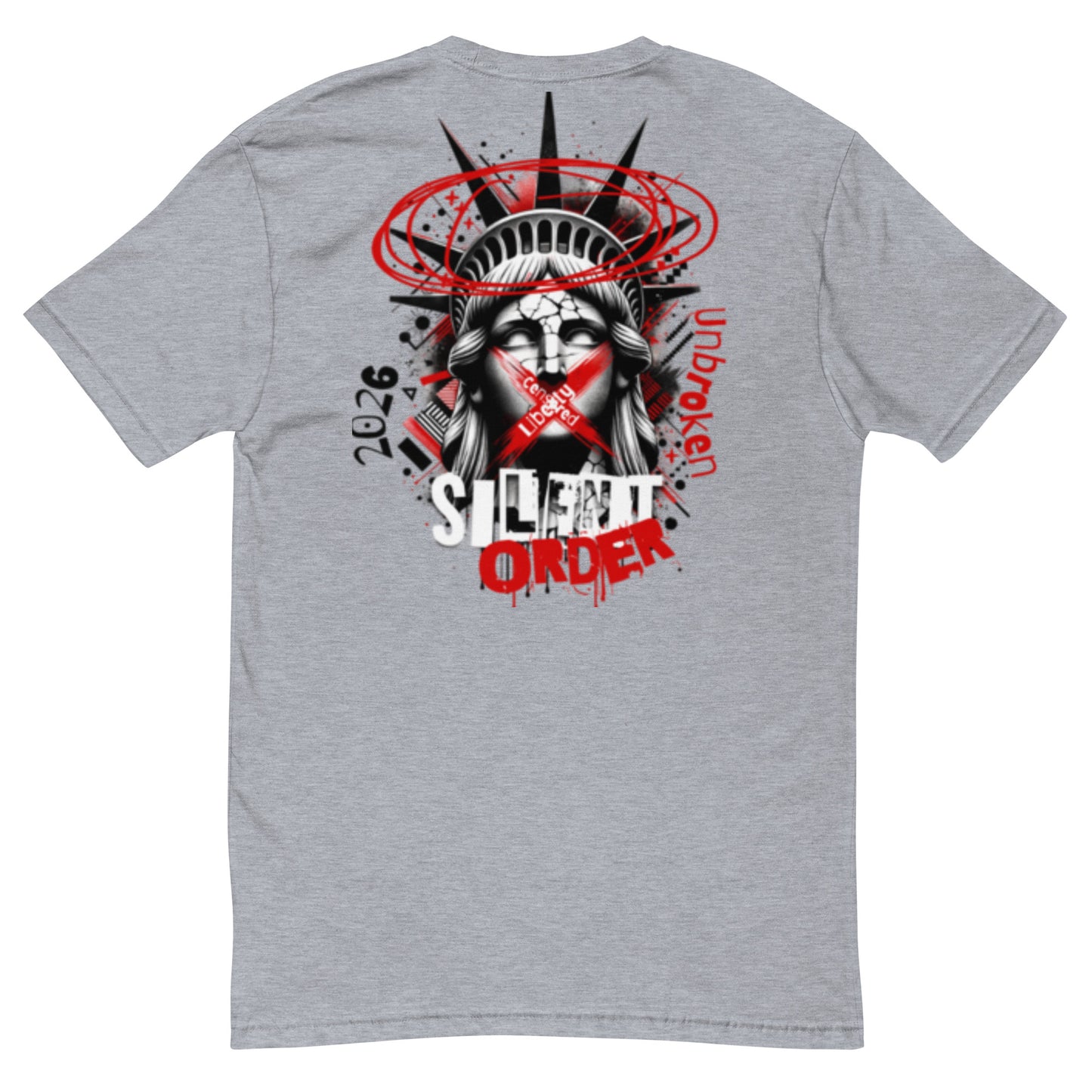 Gray t-shirt with a graphic design featuring a stylized face and text on a white background