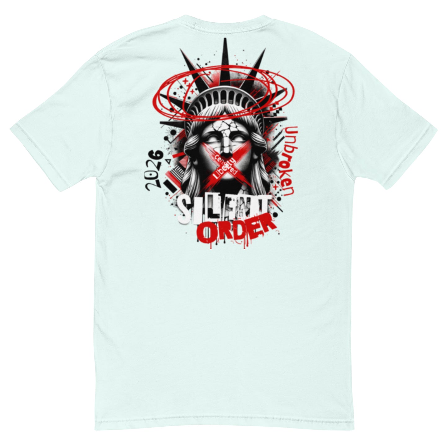 Light blue t-shirt with a graphic design featuring a stylized face and text on the back.