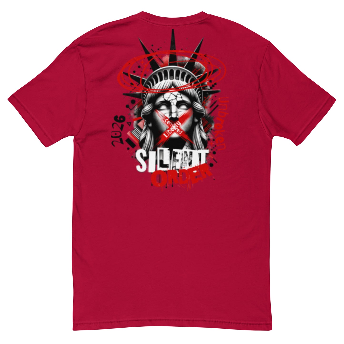 Red t-shirt with a graphic design on the back featuring a stylized face and text.