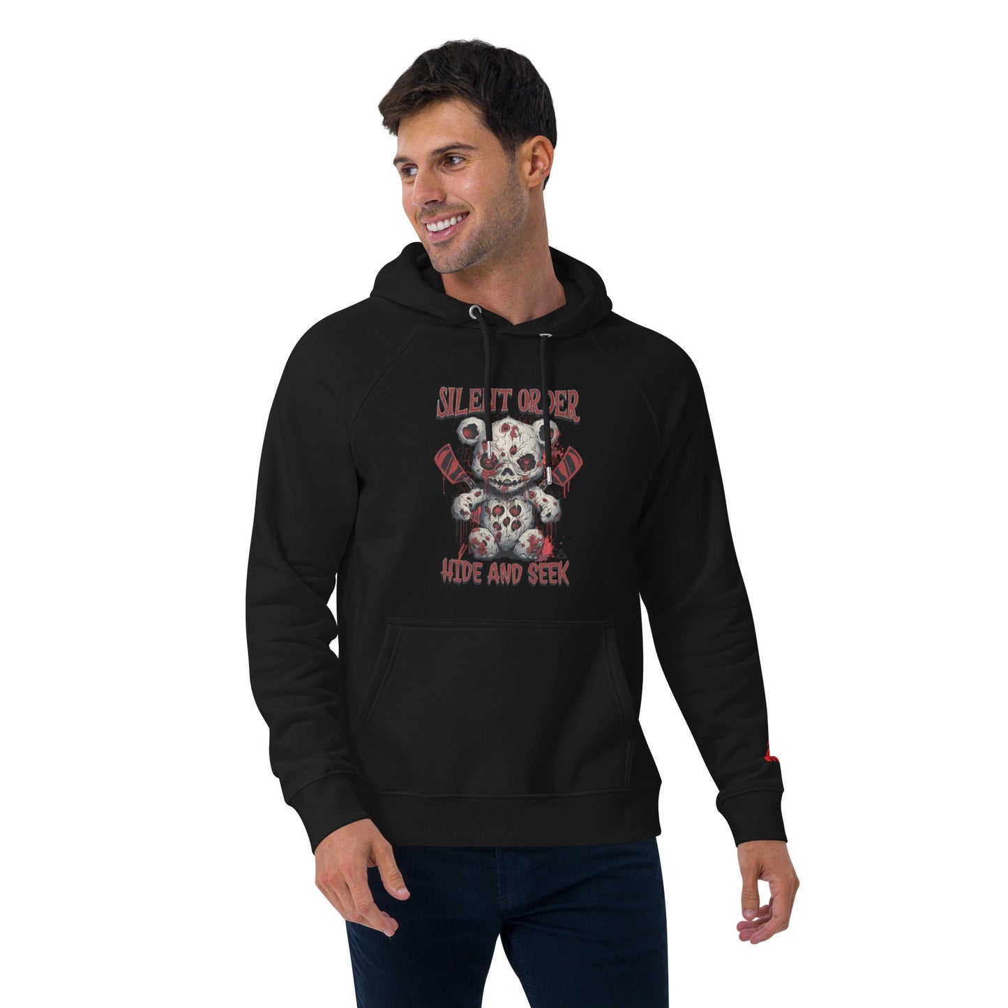 Man wearing a black hoodie with a graphic design on a white background