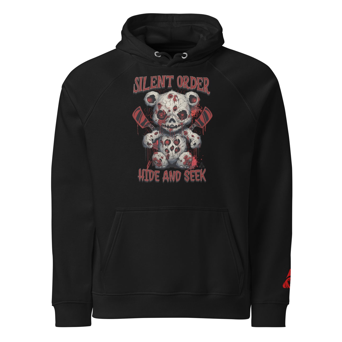 Black hoodie with a graphic design of a bear and text on a white background