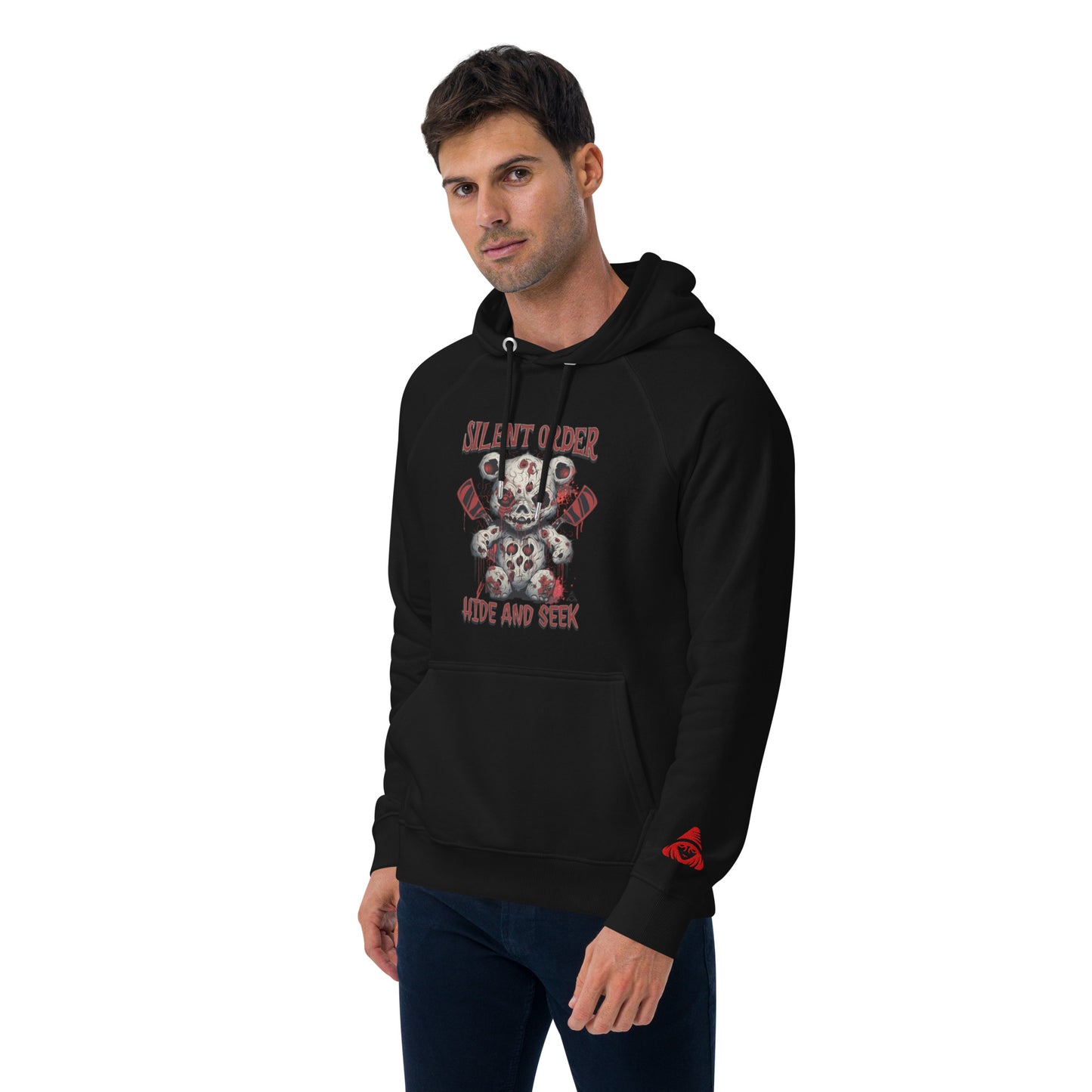 Man wearing a black hoodie with a graphic design on a white background