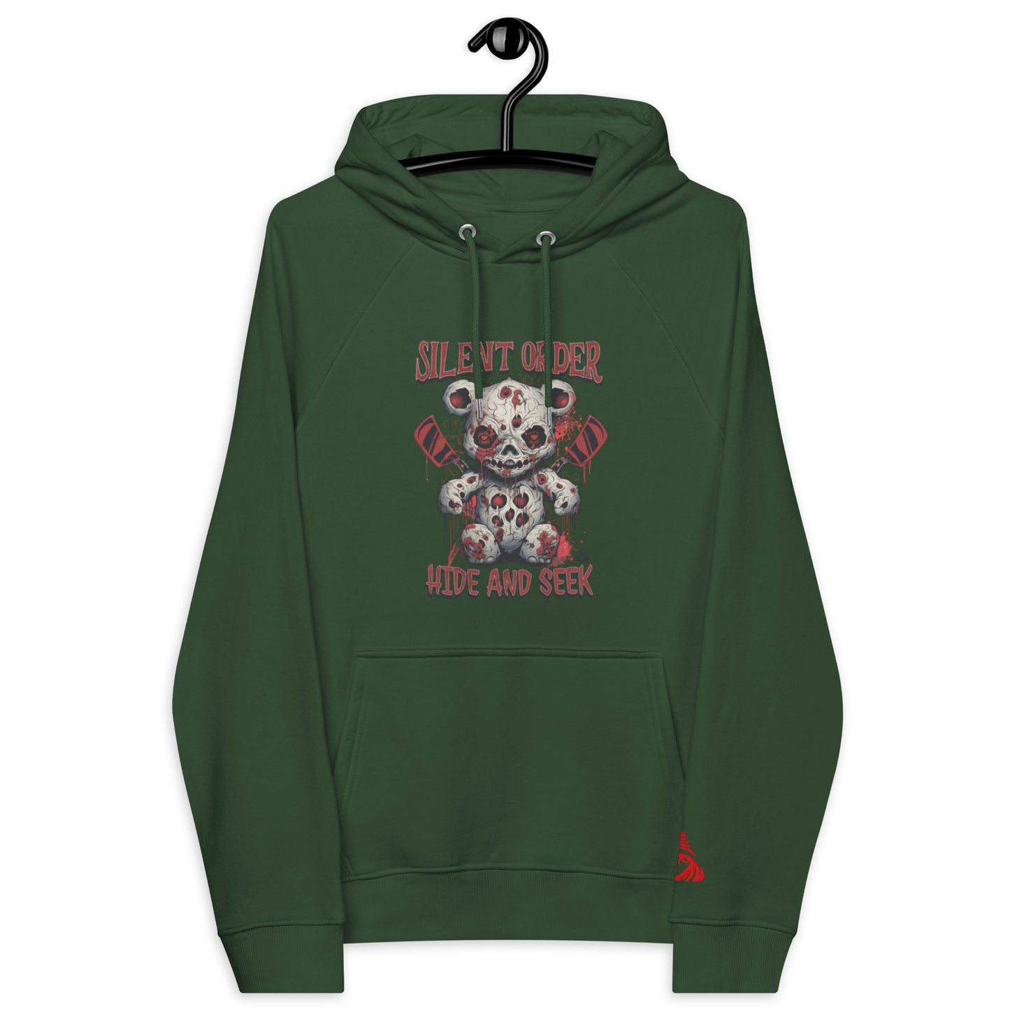 Green hoodie with a teddy bear graphic and text on a white background